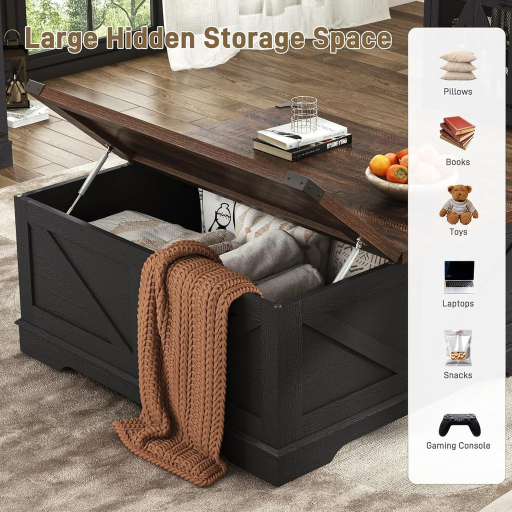 Hlivelood 40' Large Farmhouse Lift Top Coffee Table with Power Outlets and Large Hidden Storage, Square Wood Living Room Tables, Multi-Function Lift Wooden Barn Door Center Table, Black