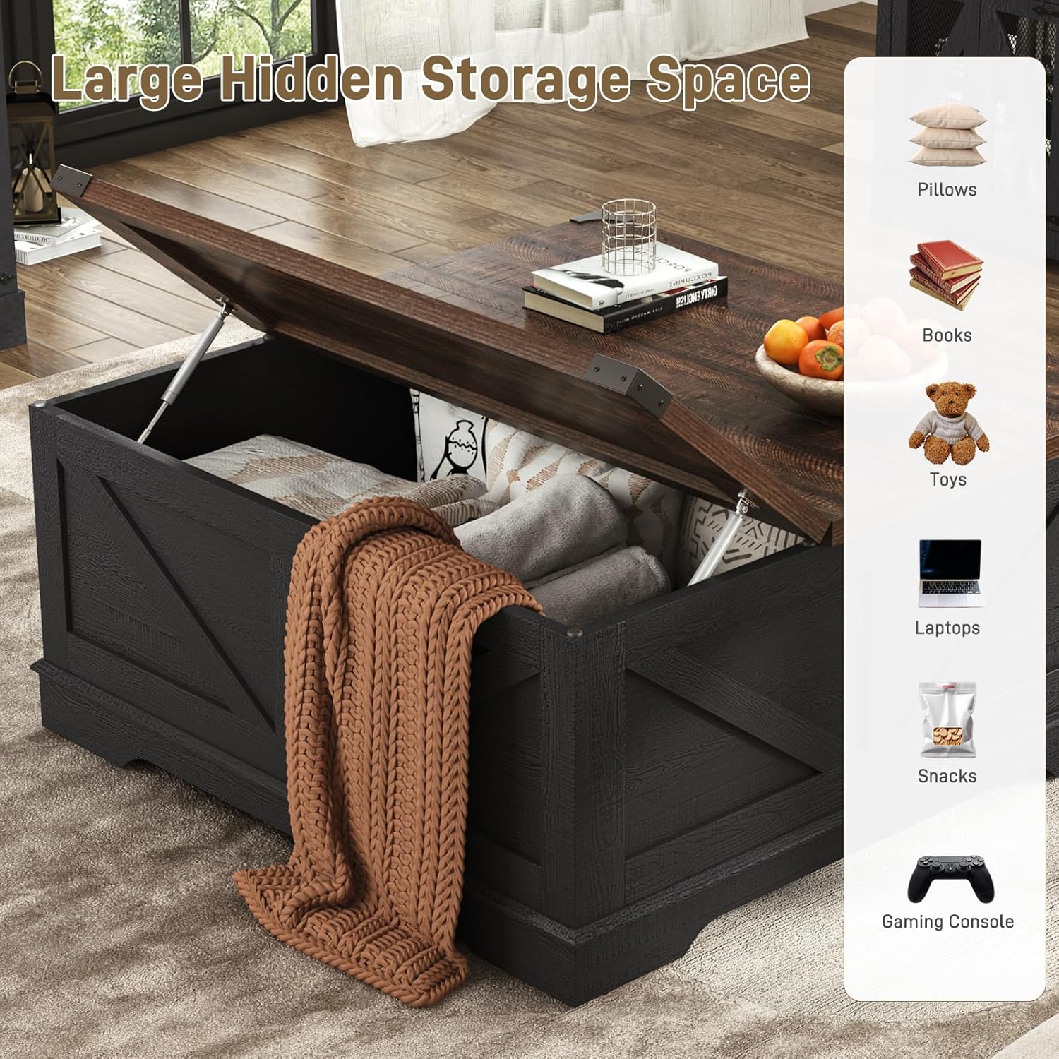 Hlivelood 40' Large Farmhouse Lift Top Coffee Table with Power Outlets and Large Hidden Storage, Square Wood Living Room Tables, Multi-Function Lift Wooden Barn Door Center Table, Black
