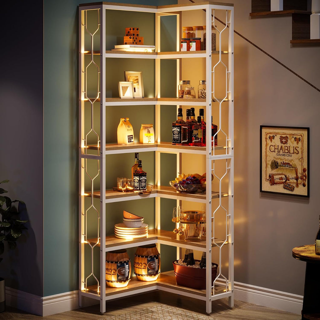Tribesigns 7-Tier Corner Shelf, 78.7' Tall Bookshelf with Storage, Corner Bookshelf and Bookcase, Industrial Display Shelf for Living Room, Bed Room, Home Office (White and Natural)