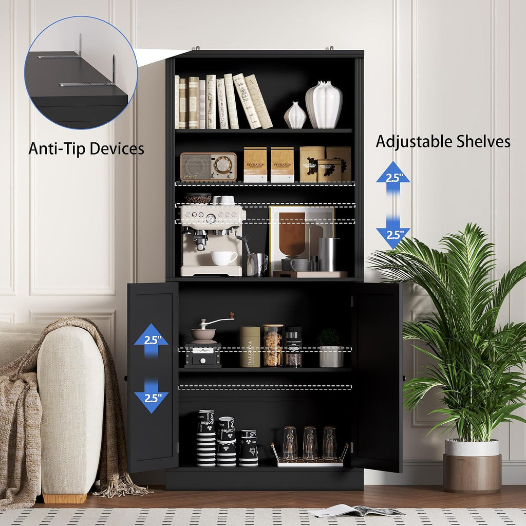 BORNOON 70.1' Tall Bookshelf with Cabinet, 5-Tier Floor Standing Bookcase with Doors & Adjustable Shelves, 31.5' Wide Storage Shelf, Metal Handles, Modern Organizer for Home Office, Living Room