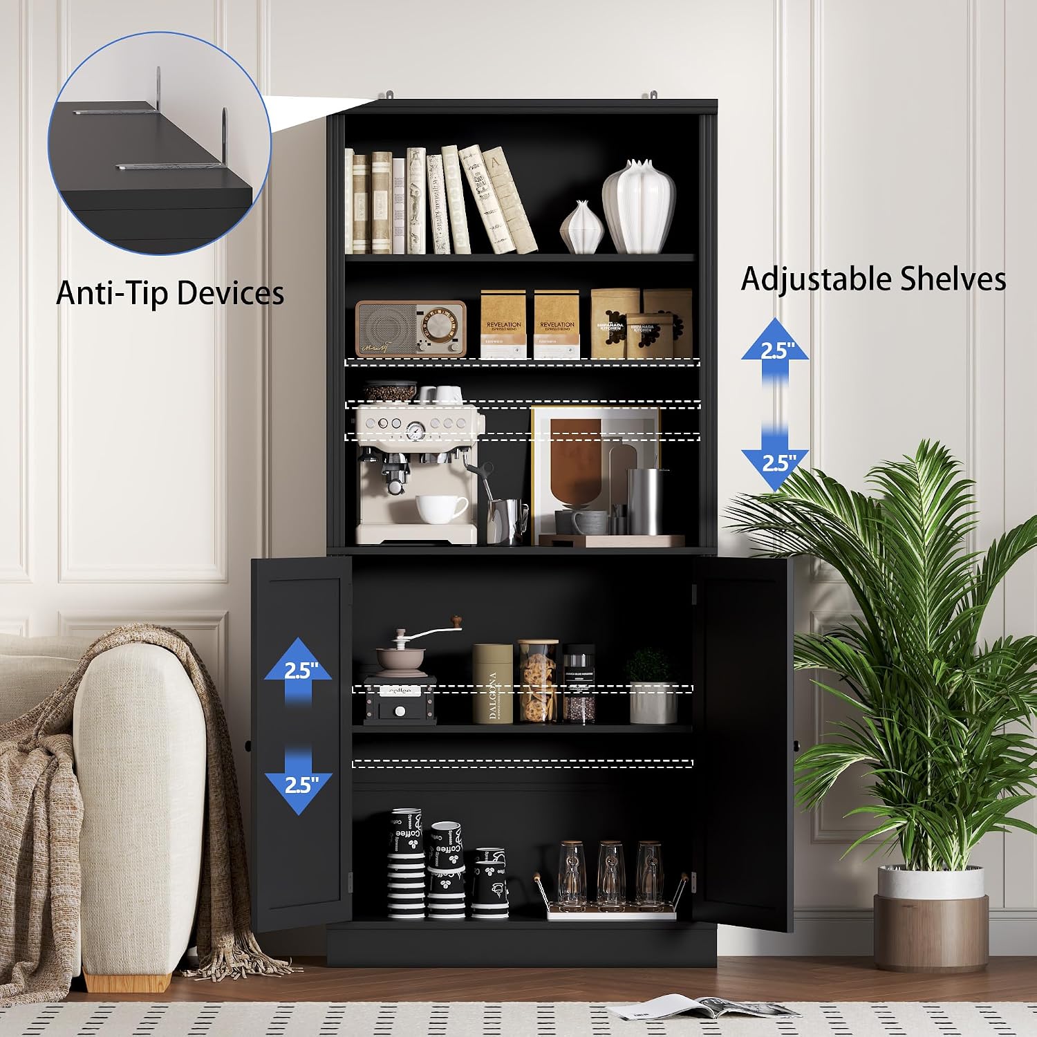 BORNOON 70.1' Tall Bookshelf with Cabinet, 5-Tier Floor Standing Bookcase with Doors & Adjustable Shelves, 31.5' Wide Storage Shelf, Metal Handles, Modern Organizer for Home Office, Living Room
