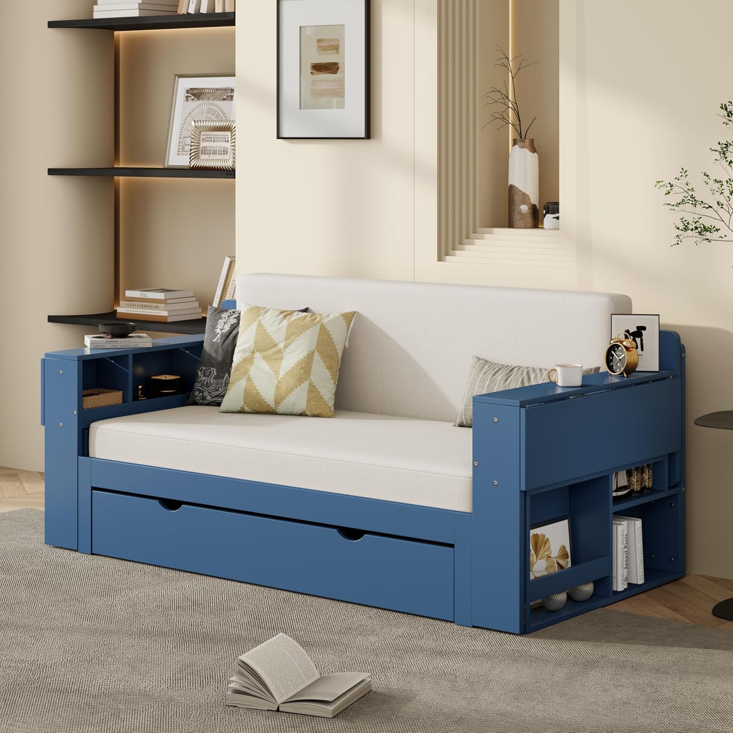 Wood Daybed Full Size with Removable Desk and Extendable Armrests, 4-in-1 Multifunctional Design Daybed Sofa Bed with Storage Drawers & Hydraulic Side Table (Blue-11.27, Full)