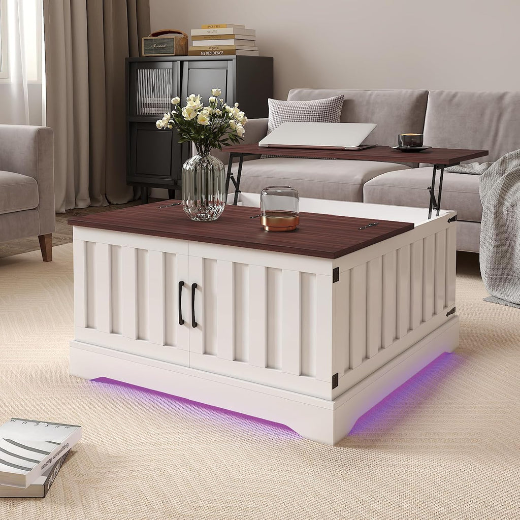 Square Lift Top Coffee Table with Storage, White Brown Led Coffee Table for Living Room with Large Hidden Storage, 30.7' Wood Table Led Center Table for Dining Reception Room