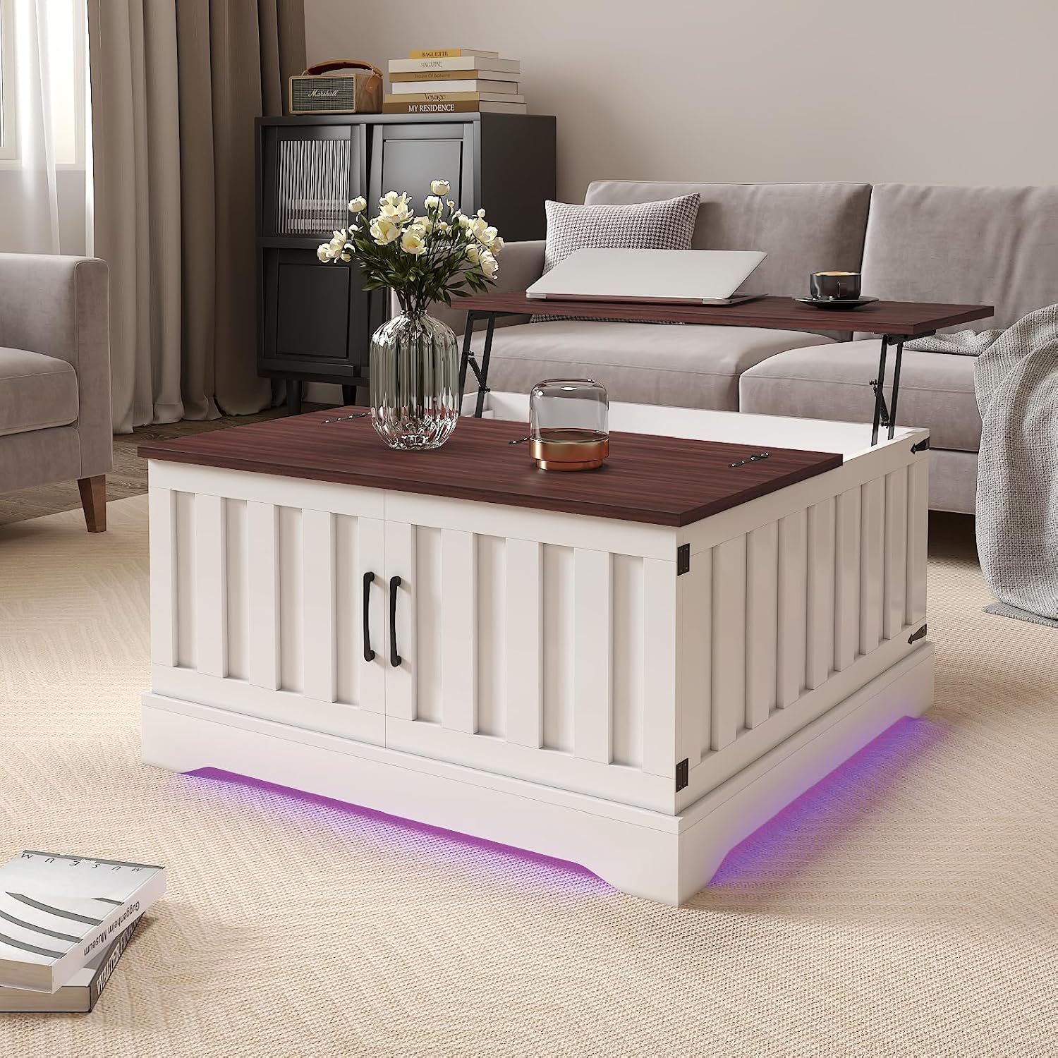 Square Lift Top Coffee Table with Storage, White Brown Led Coffee Table for Living Room with Large Hidden Storage, 30.7' Wood Table Led Center Table for Dining Reception Room