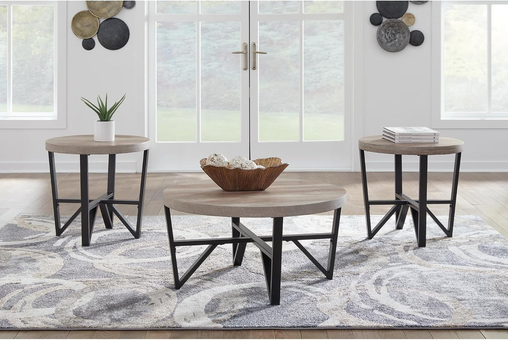 Signature Design by Ashley Deanlee Contemporary Table Set with Metal Frame, Set of 3, Light Brown & Black