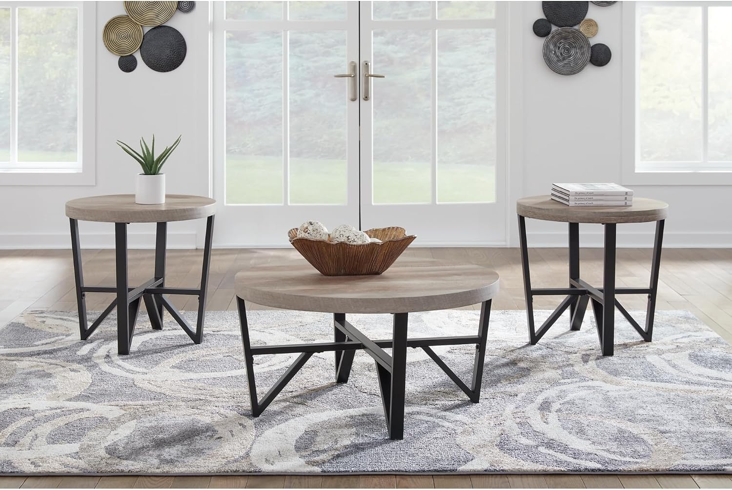 Signature Design by Ashley Deanlee Contemporary Table Set with Metal Frame, Set of 3, Light Brown & Black