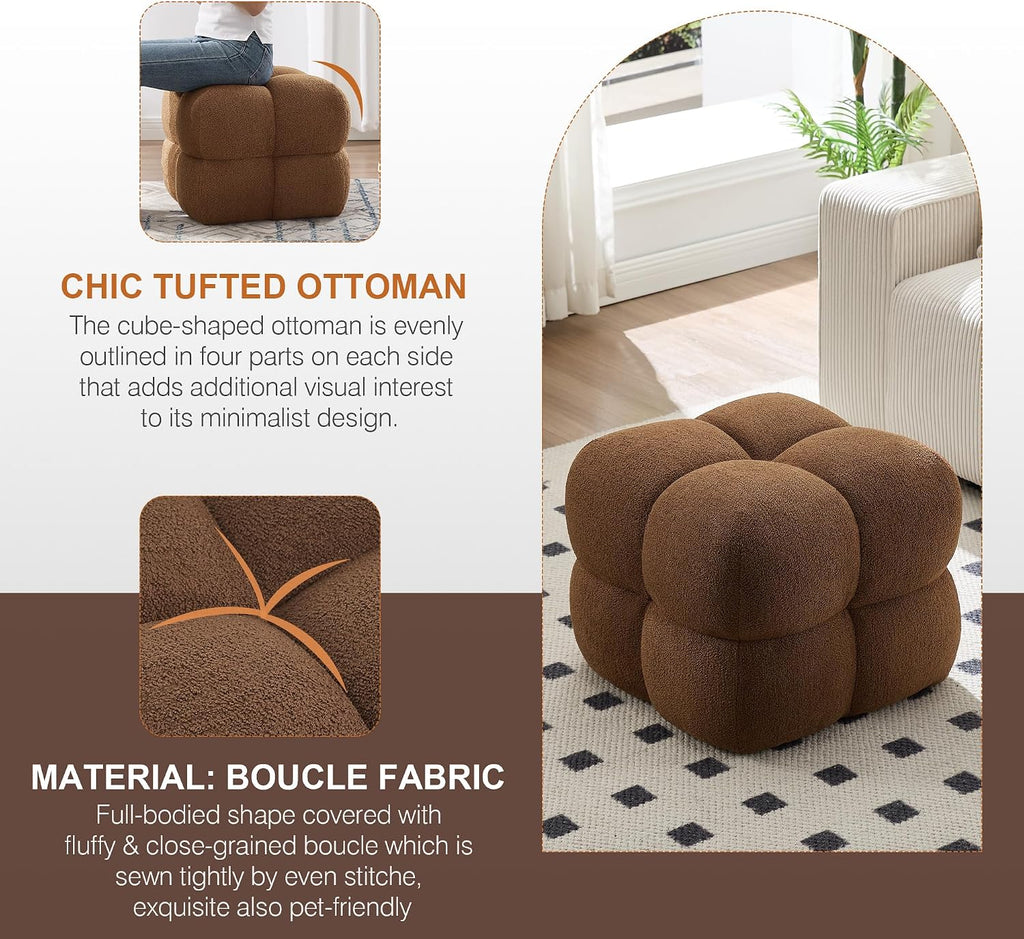 Zesthouse Square Pouf Ottomans Footstool Set of 2, Upholstered Poofy Ottoman for Couch Sofa, Modern Ottoman Coffee Table for Living Room, Rust Brown Boucle Fabric Stool Foot Rest, Cute Vanity Chair