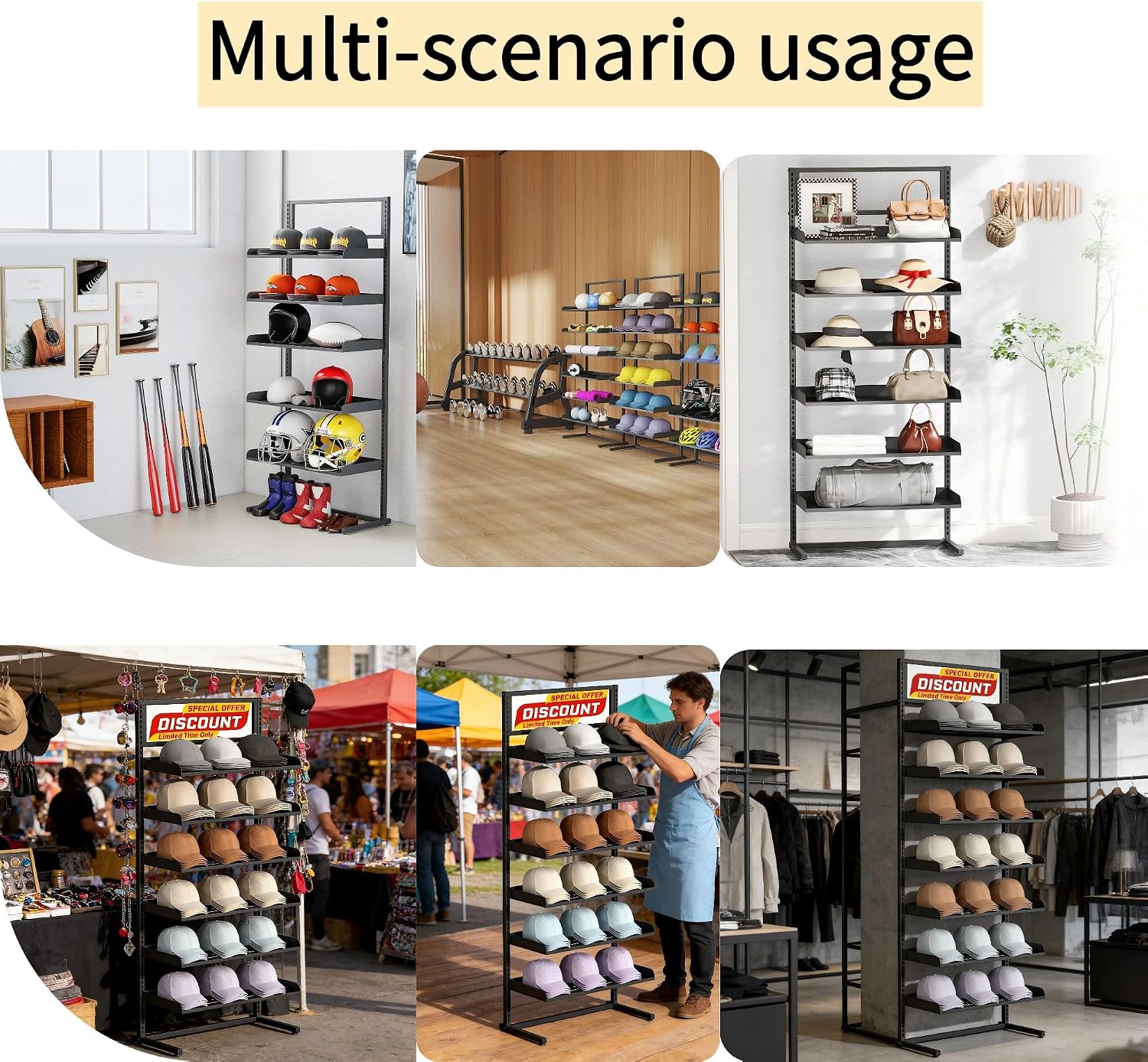 Large Hat Rack Stand, 6 Tier Adjustable Hat Organizer, Heavy Duty Freestanding Cap Storage Holder Fits Up to 180 Hats for Baseball Caps, Cowboy Hats, Metal Shelving for Home and Commercial Use