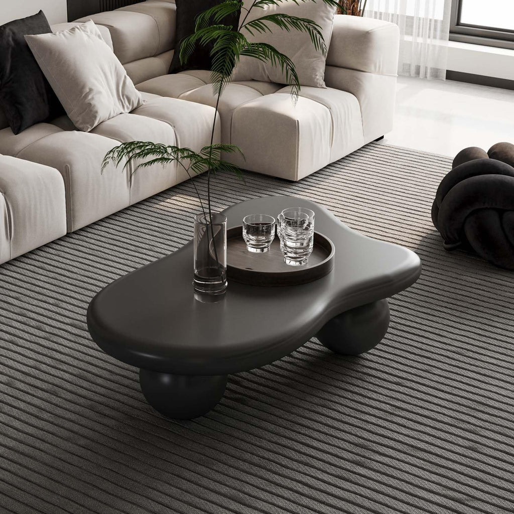 40' Black Modern Coffee Table Cloud Shape Low Center Table with 3 Ball Legs Cute Irregular Indoor Tea Table for Living Room Small Space