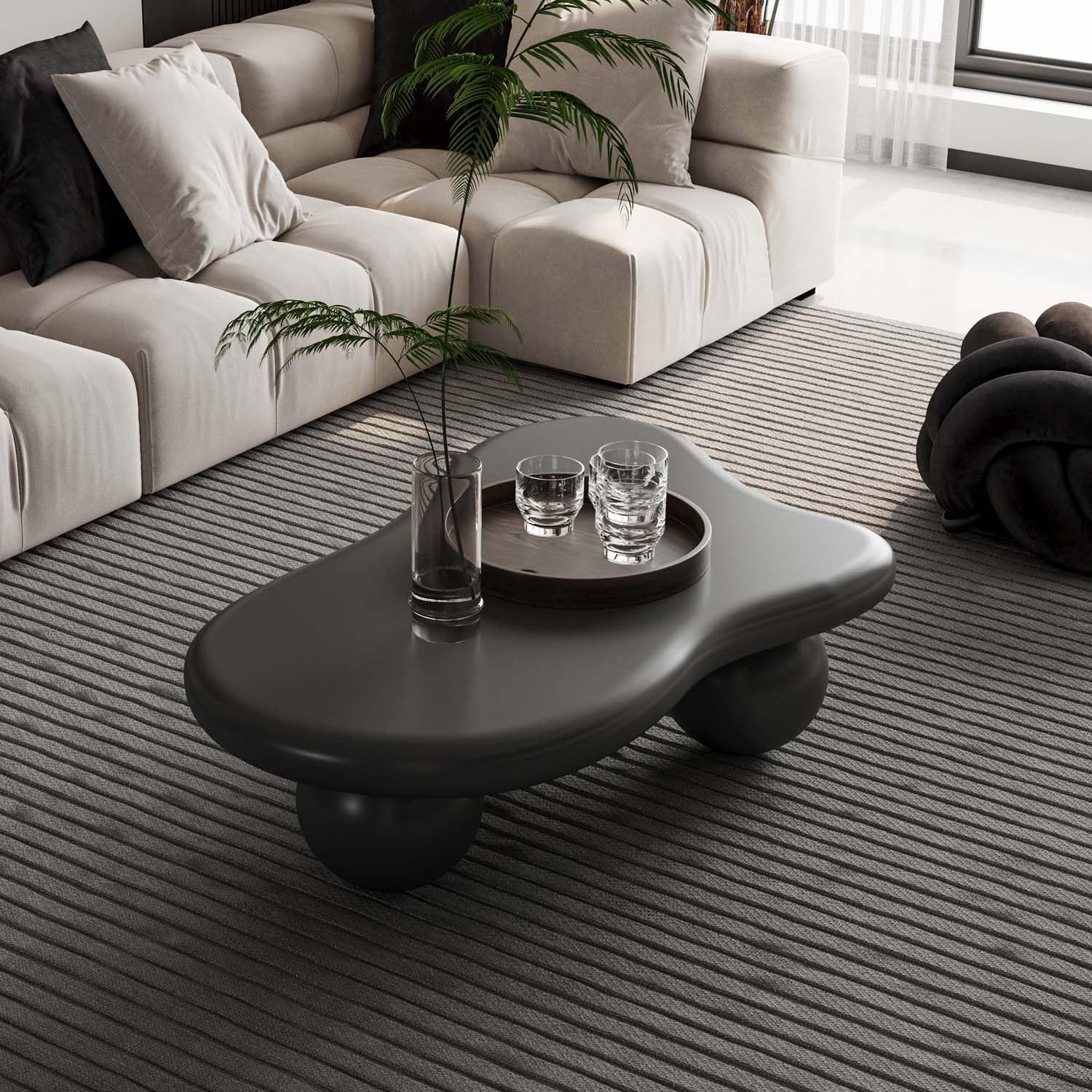 40' Black Modern Coffee Table Cloud Shape Low Center Table with 3 Ball Legs Cute Irregular Indoor Tea Table for Living Room Small Space