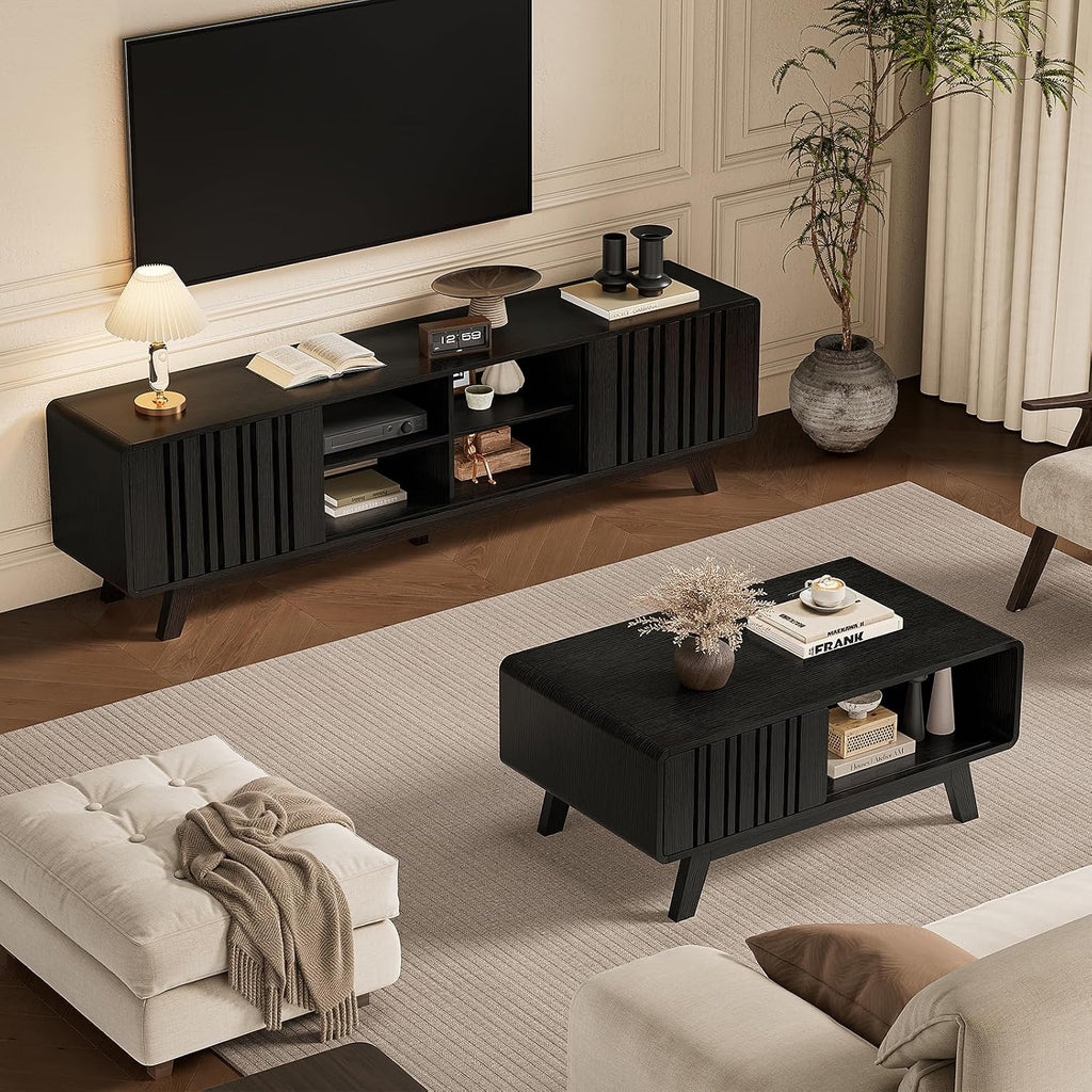 ONBRILL Coffee Table, Mid Century Modern Table with Storage Compartment, Fluted Table with Sliding Cabinet Door, Farmhouse Wood Coffee Table for Living Room (Black)