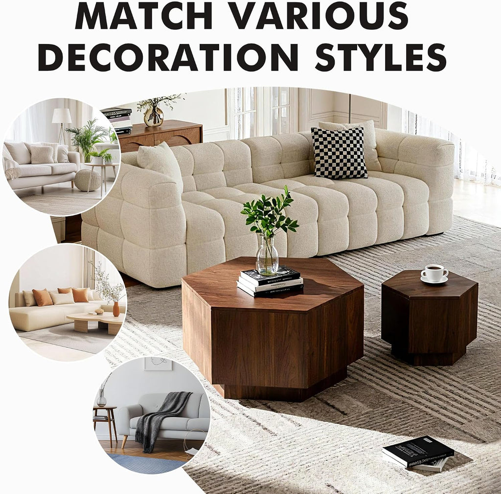 Hexagonal Nesting Coffee Tables Set of 2, Walnut Coffee Table with Storage, Mid Century Modern Center End Side Tables with Anti-Slip Feet for Living Room Farmhouse Apartment Office
