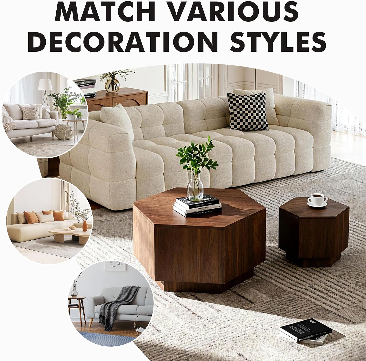 Hexagonal Nesting Coffee Tables Set of 2, Walnut Coffee Table with Storage, Mid Century Modern Center End Side Tables with Anti-Slip Feet for Living Room Farmhouse Apartment Office