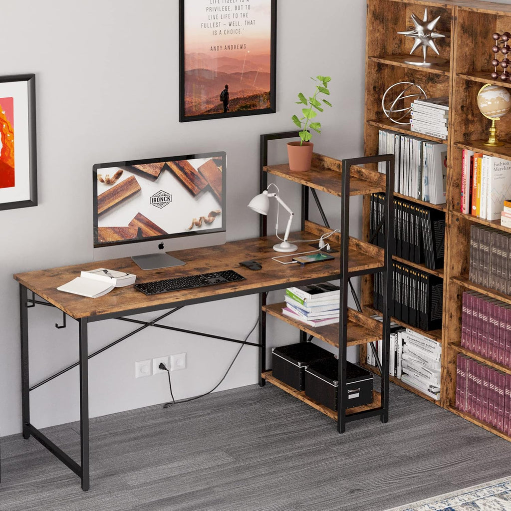 IRONCK Computer Desk 55' with Power Outlet and Storage Shelves, Study Writing Table with USB Ports Charging Station, PC Desk Workstation for Home Office, Rustic Brown