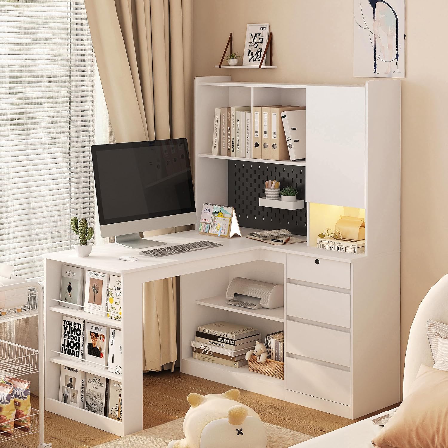 White L-Shaped Home Office Desk with Hutch & Drawers, Modern Corner Desk with LED Light & Bookshelf, Wood Study Writing Table Gaming Computer Desk for Bedroom, Home