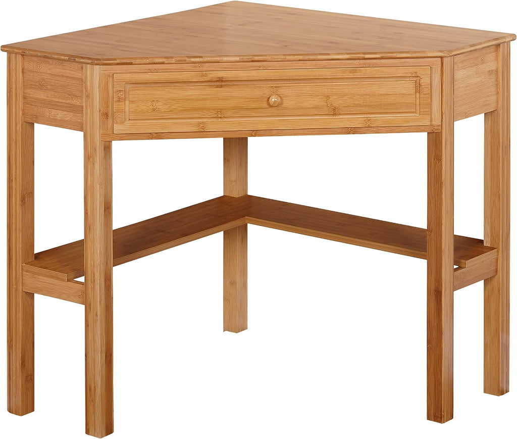 Ellen Bamboo Wood Small Corner Desk with Storage Drawer and Shelf – Compact Computer Table for Home Office, Bedroom, or Study, Bamboo Natural Finish