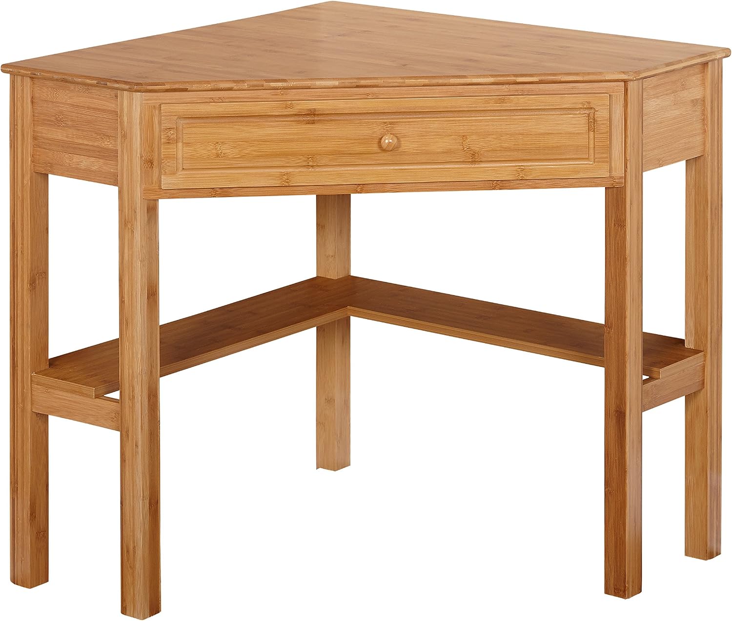 Ellen Bamboo Wood Small Corner Desk with Storage Drawer and Shelf – Compact Computer Table for Home Office, Bedroom, or Study, Bamboo Natural Finish