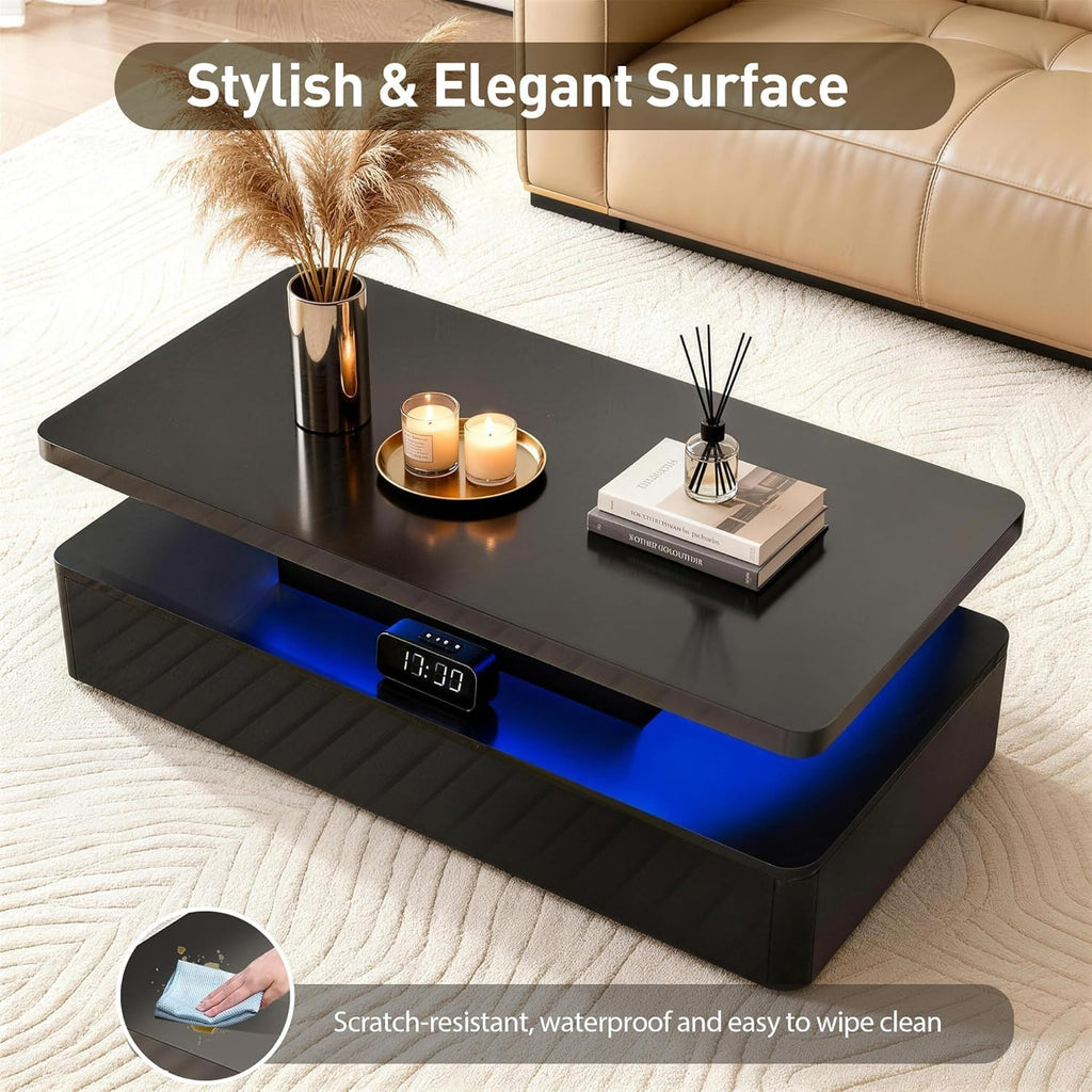 47' Modern Living Room Tables, LED Coffee Table with LED Lights, 2 Tier Rectangular Center Table with Large Storage, High Glossy Surface, Tea Table for Living Room, Black
