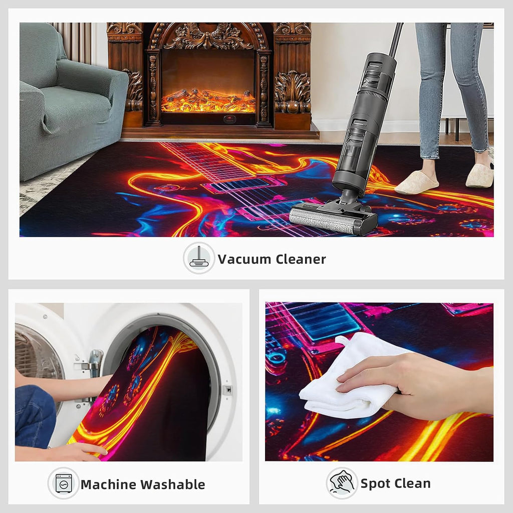 Guitar Rug 5x7-5x7 Rug, Ice and Fire Area Rugs for Living Room, Music Washable Area Mat for Bedroom, Rock and Roll Carpet, Musical Carpet - Guitar Home Decor & Gift
