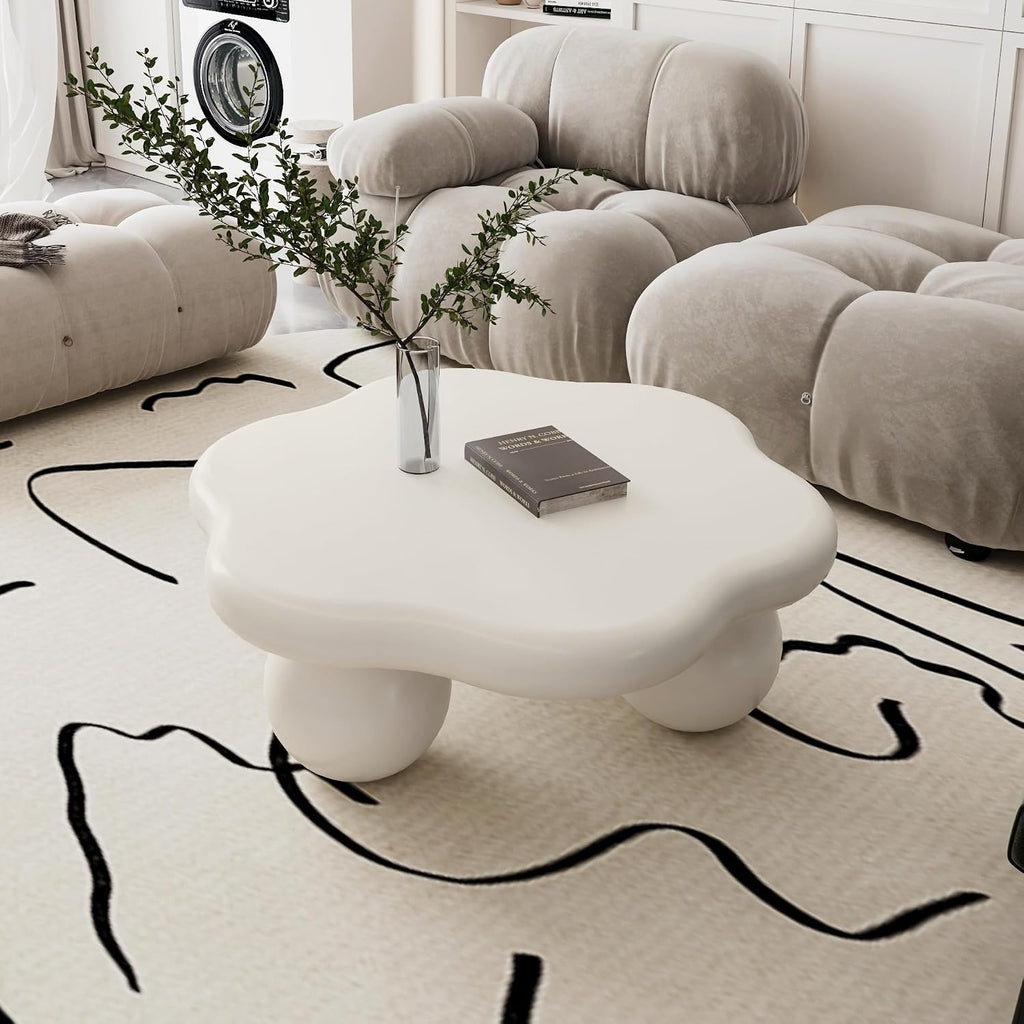 35.03' Cloud Coffee Table for Living Room Unique Coffee Table Modern Low Coffee Tables Cute Center Table with 3 Ball Legs for Small Space Apartment Cream Flower-White