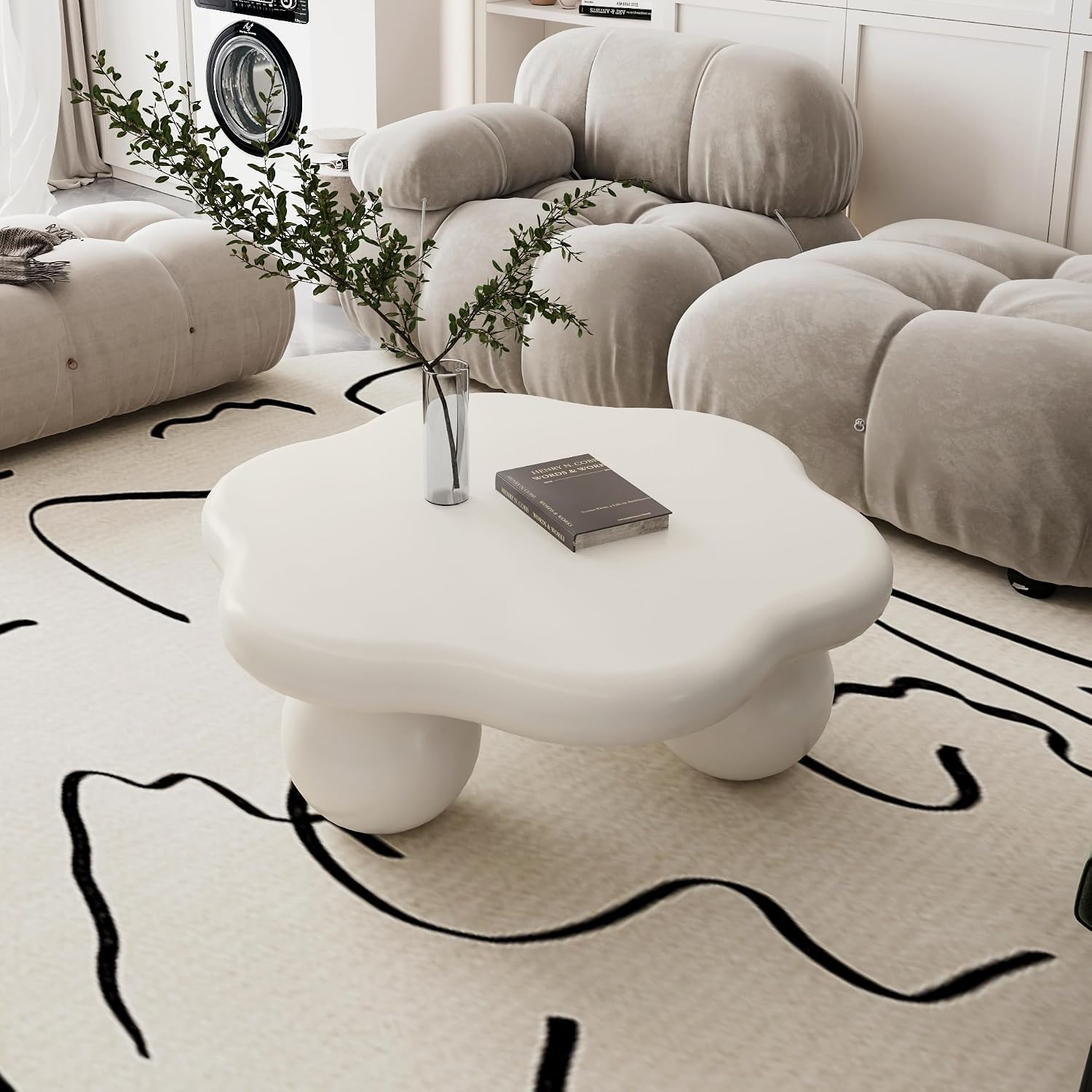 35.03' Cloud Coffee Table for Living Room Unique Coffee Table Modern Low Coffee Tables Cute Center Table with 3 Ball Legs for Small Space Apartment Cream Flower-White