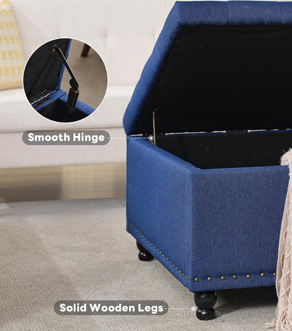 Tbfit 30' Large Square Ottoman Coffee Table with Storage, Oversized Tufted Upholstered Ottomans Bench with Solid Wood Legs for Living Room, Dorm, Leather Foot Stool for Couch Sofa Toy Box, Blue