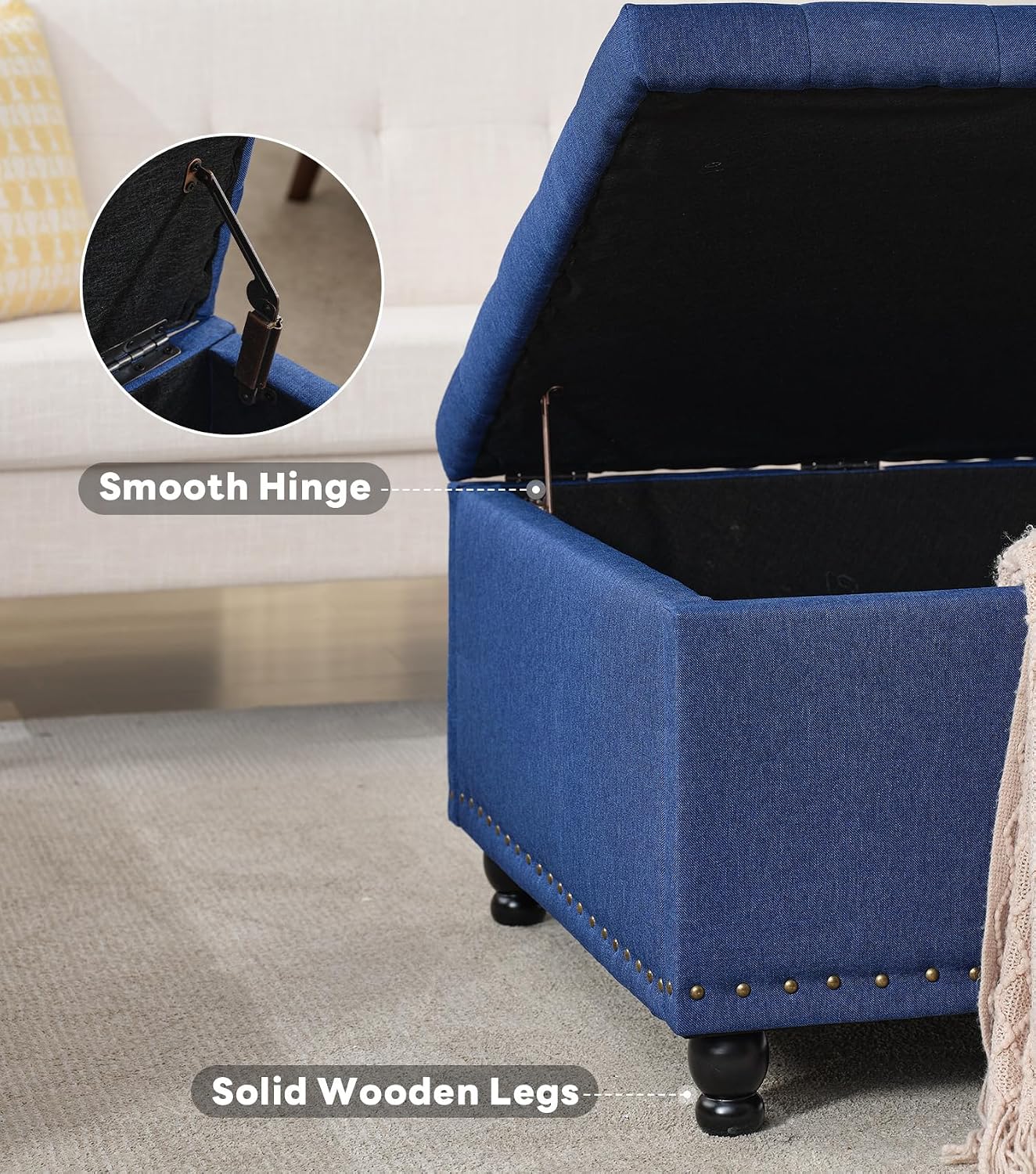 Tbfit 30' Large Square Ottoman Coffee Table with Storage, Oversized Tufted Upholstered Ottomans Bench with Solid Wood Legs for Living Room, Dorm, Leather Foot Stool for Couch Sofa Toy Box, Blue