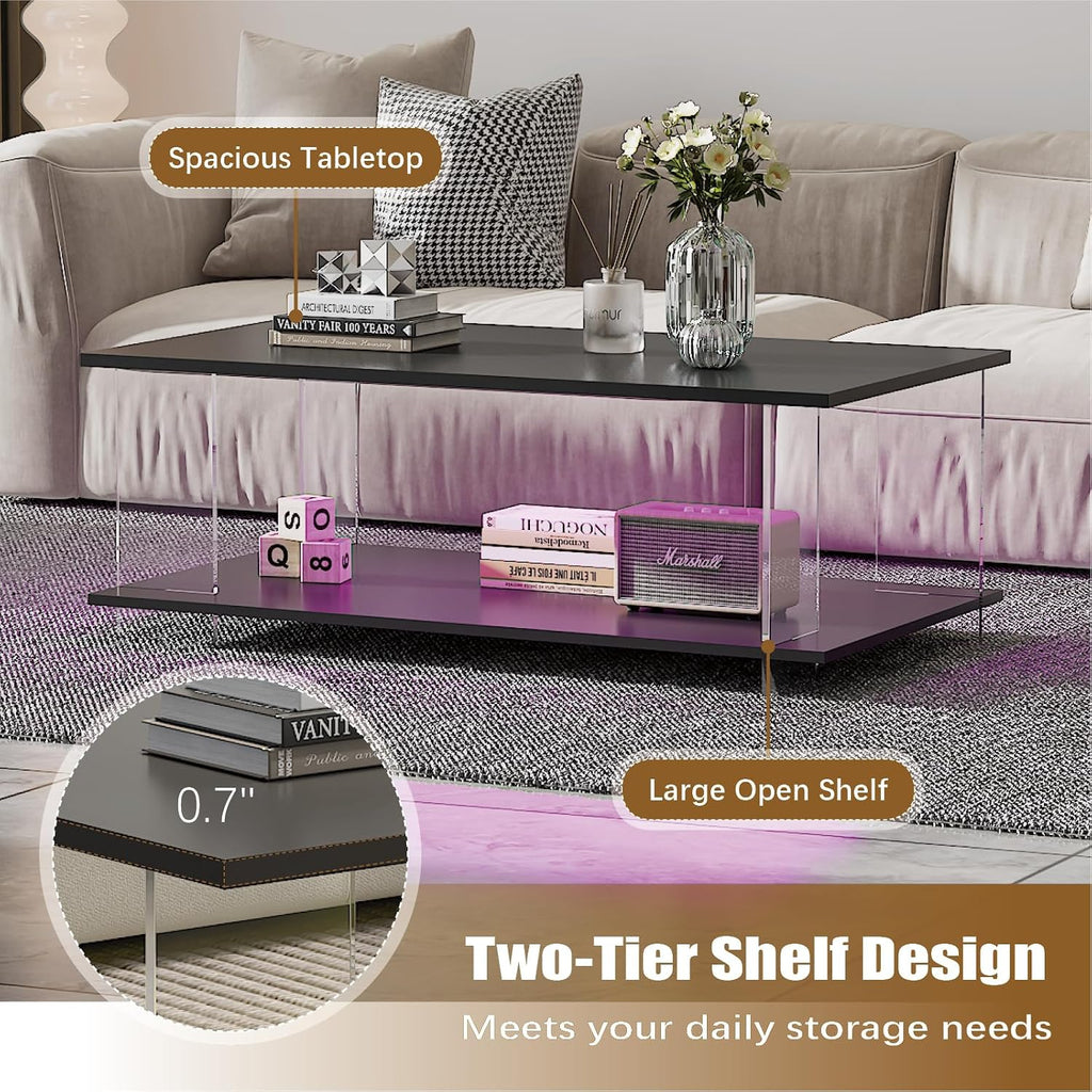 HedoAjim 43' Acrylic Coffee Table with Black Wood Top, Minimalist Stylish Modern Rectangular Center Tables for Living Room, Led Living Room Table with Storage Shelf & Acrylic Frame for Small Space