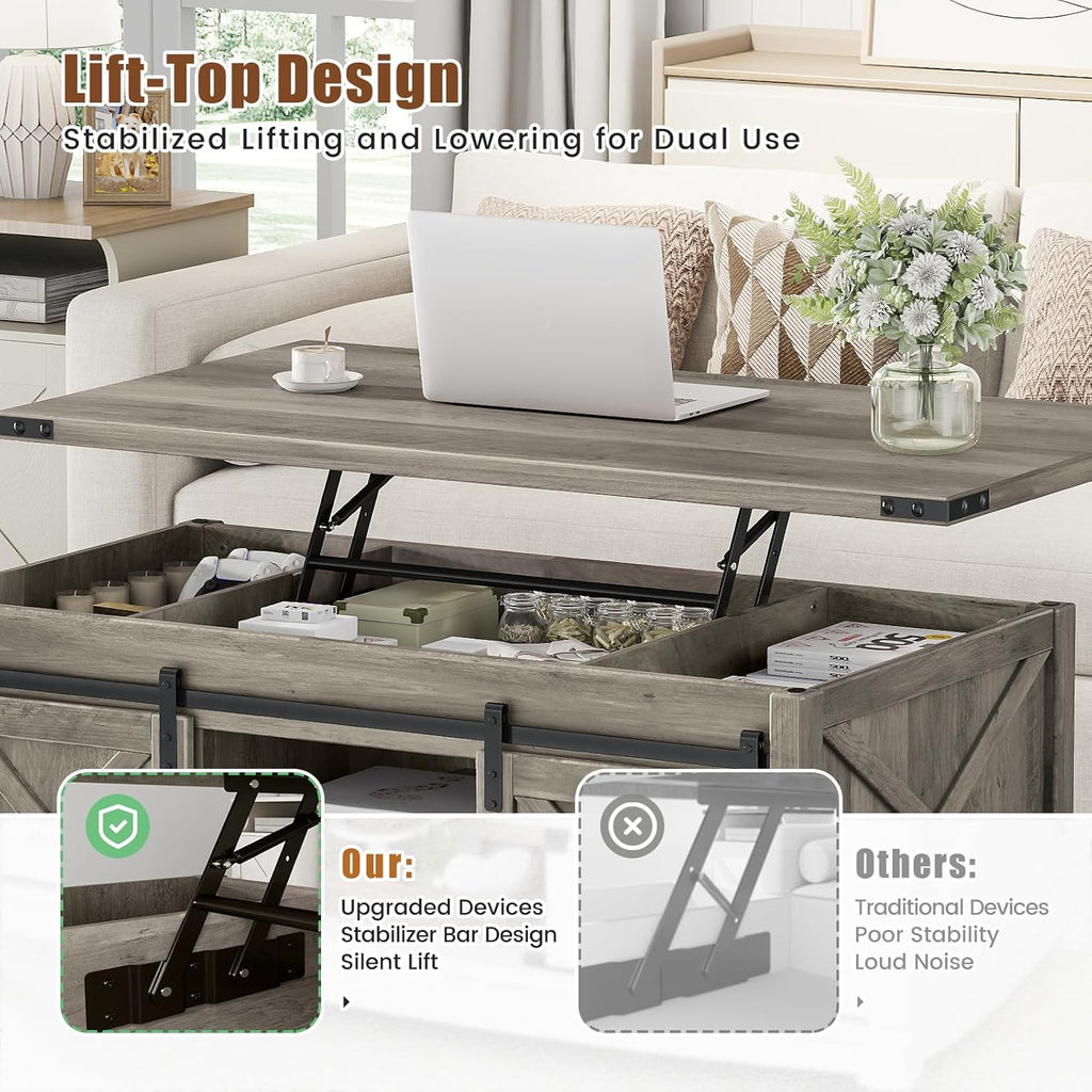 ALLSTAND 48' Farmhouse Lift Top Coffee Table with Storage Sliding Barn Door & Large Hidden Compartment, Coffee Table with Lifting Top with Wooden Lift Tabletop, Coffee Tables for Living Room, Grey
