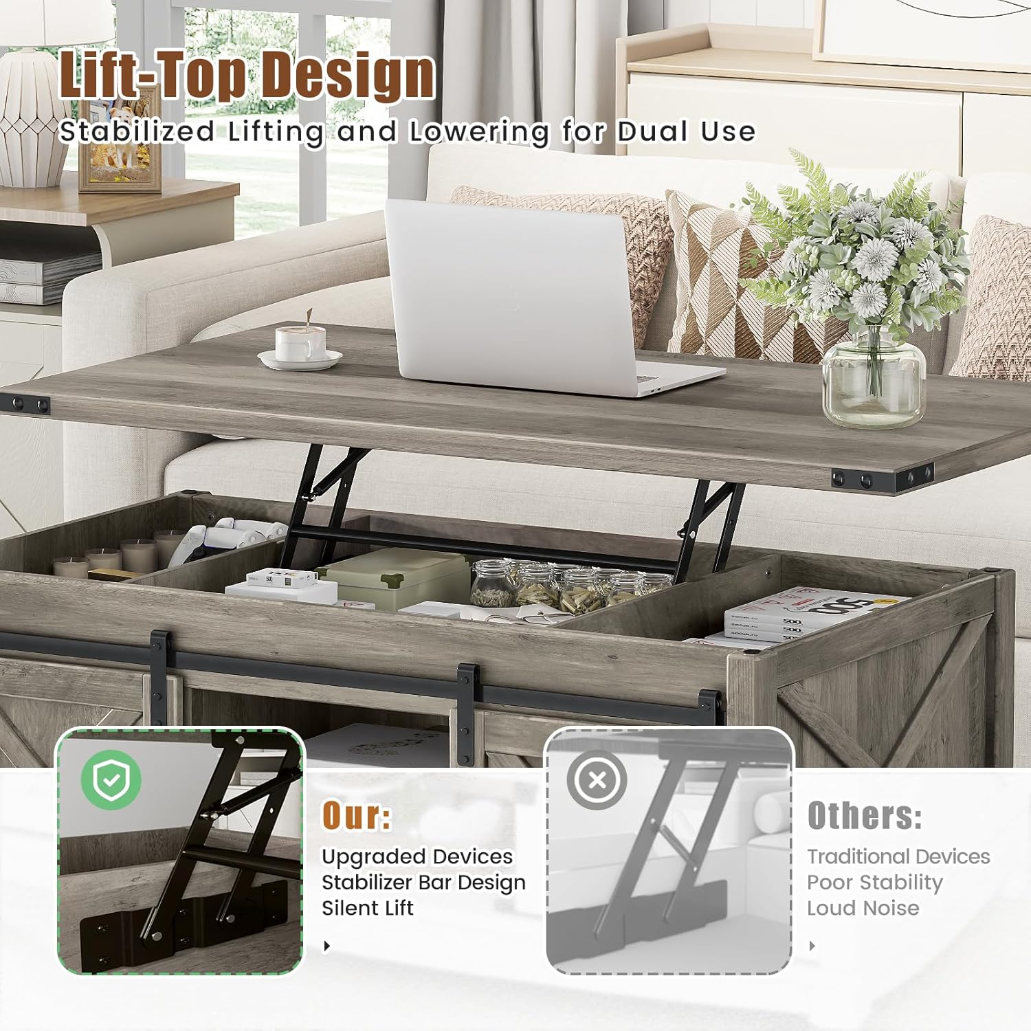 ALLSTAND 48' Farmhouse Lift Top Coffee Table with Storage Sliding Barn Door & Large Hidden Compartment, Coffee Table with Lifting Top with Wooden Lift Tabletop, Coffee Tables for Living Room, Grey