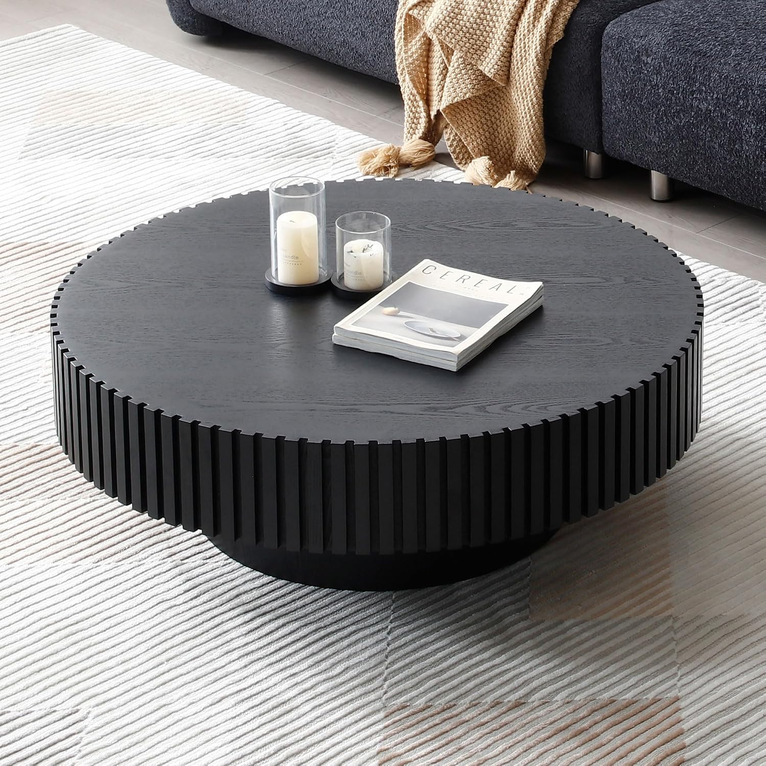 JUSTONE 31.5' Modern Farmhouse Black Round Coffee Table - Wood Drum Accent Table for Living Room,Handcrafted Relief Carving,ø31.5' x 13.8'H (Black)
