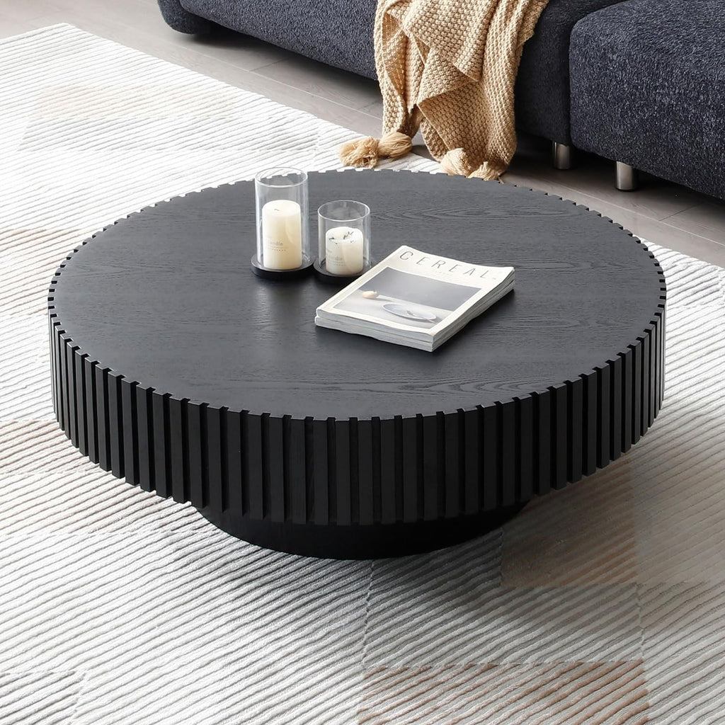 JUSTONE 39.4' Black Round Coffee Table for Living Room - Modern Farmhouse Walnut Drum Center Table with Artisanal Carved Detailing, No Assembly(39.4' Diameter x 13.4' Height)