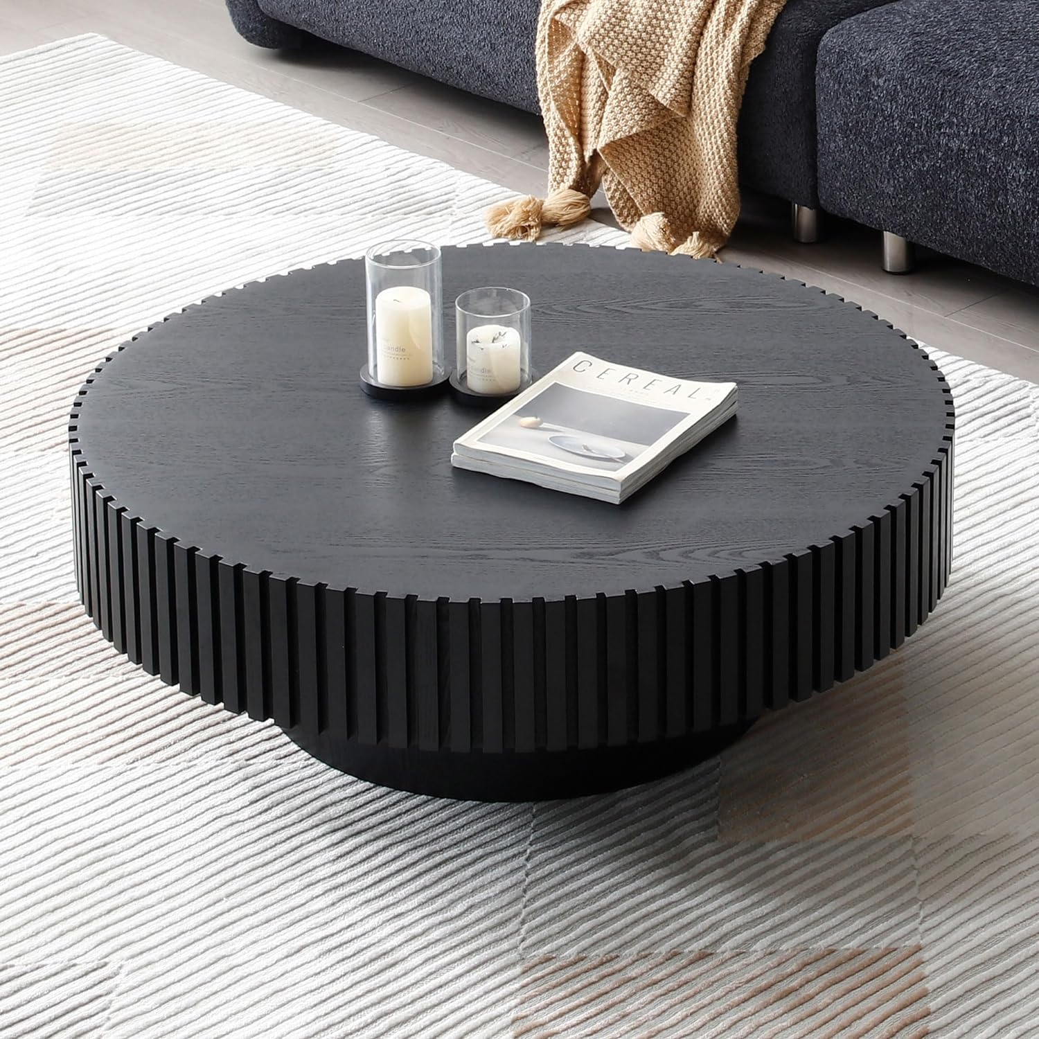 JUSTONE 39.4' Black Round Coffee Table for Living Room - Modern Farmhouse Walnut Drum Center Table with Artisanal Carved Detailing, No Assembly(39.4' Diameter x 13.4' Height)