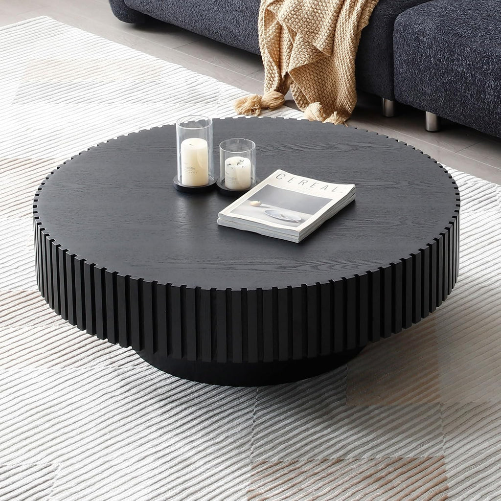 35.43'' Black Round Coffee Table Modern Wood Coffee Table for Living Room, Contemporary Circle Fluted Drum Pedestal Style, Easy Assembly, Black (ø35.43'' x 13.77'')