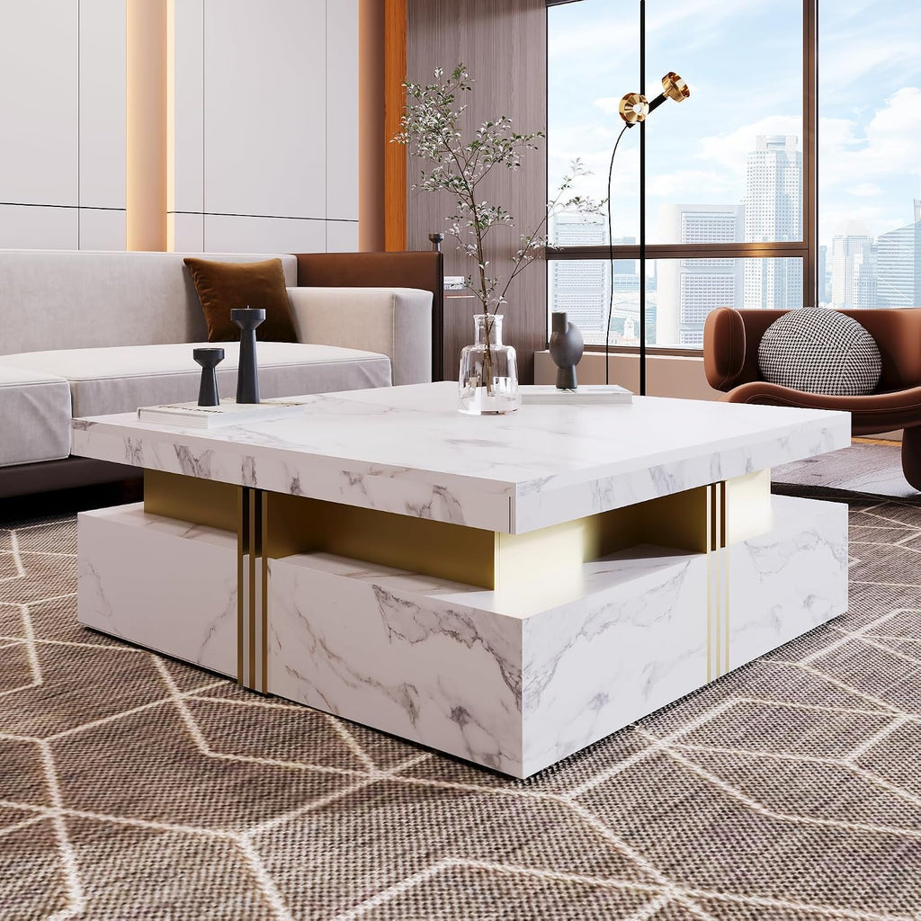 Modern White Square Storage Coffee Table with 4 Drawers for Living Room