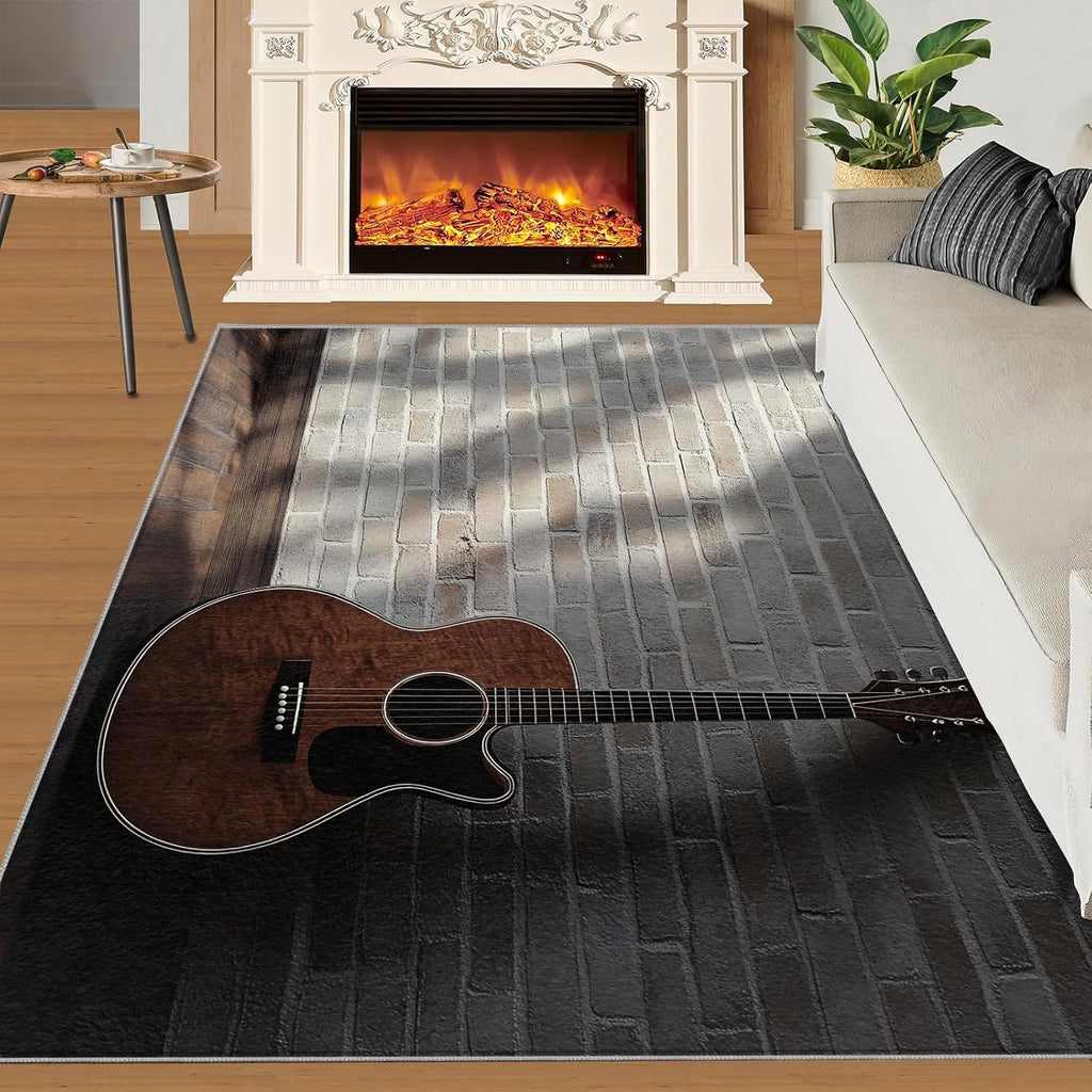 Wooden Guitar Rugs for Bedroom - 5x7 Rug, Brick Wall Area Rugs for Living Room, Vintage Washable Carpet, Music Rug, Boys Room Carpet - Guitar Home Decor & Gift