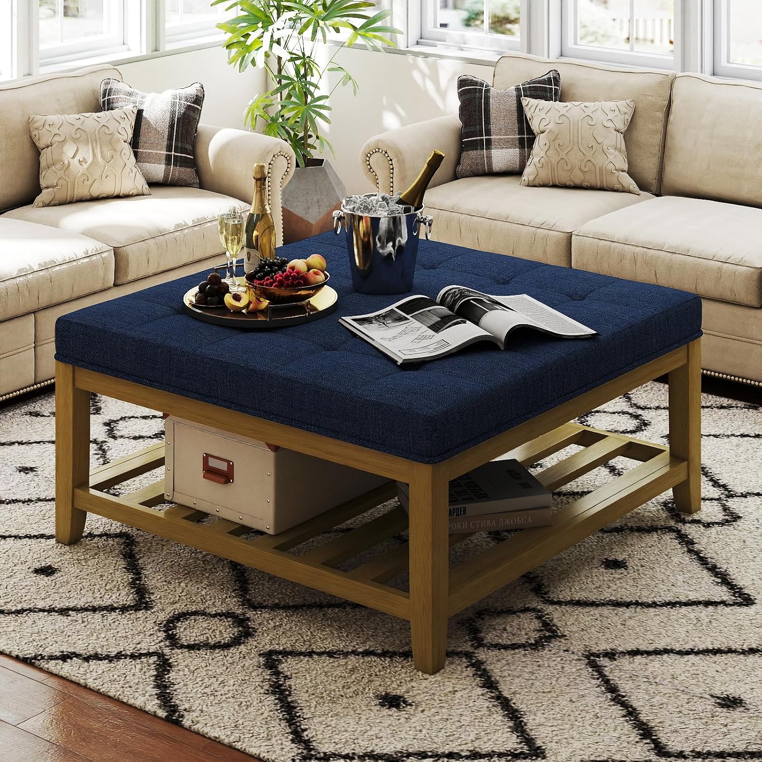 Befurtori Large Square Ottoman Coffee Table, Linen Solid Upholstered Footrest Ottoman with Solid Wood Shelf Storage Tufted Coffee Table for Bedroom Living Room, Navy Blue