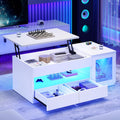 Itaar 39.4' Lift Top Coffee Table with 2 Drawers, Modern LED Coffee Tables for Living Room, Coffee Table with Glass Storage Cabinet, White