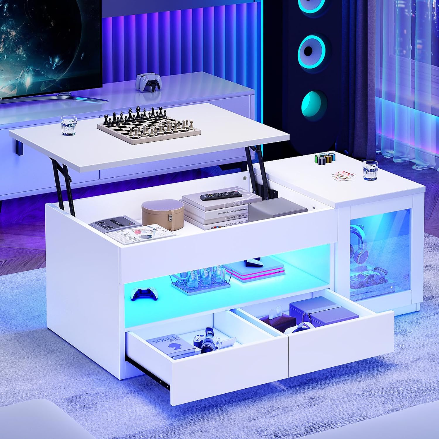 Itaar 39.4' Lift Top Coffee Table with 2 Drawers, Modern LED Coffee Tables for Living Room, Coffee Table with Glass Storage Cabinet, White
