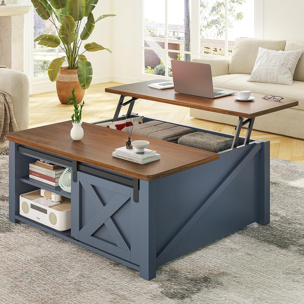 SEDETA 31.5' Lift Top Coffee Table with Storage, Square Coffee Tables for Living Room, Farmhouse Coffee Table with Large Hidden Storage Compartment and Adjustable Shelves, Blue