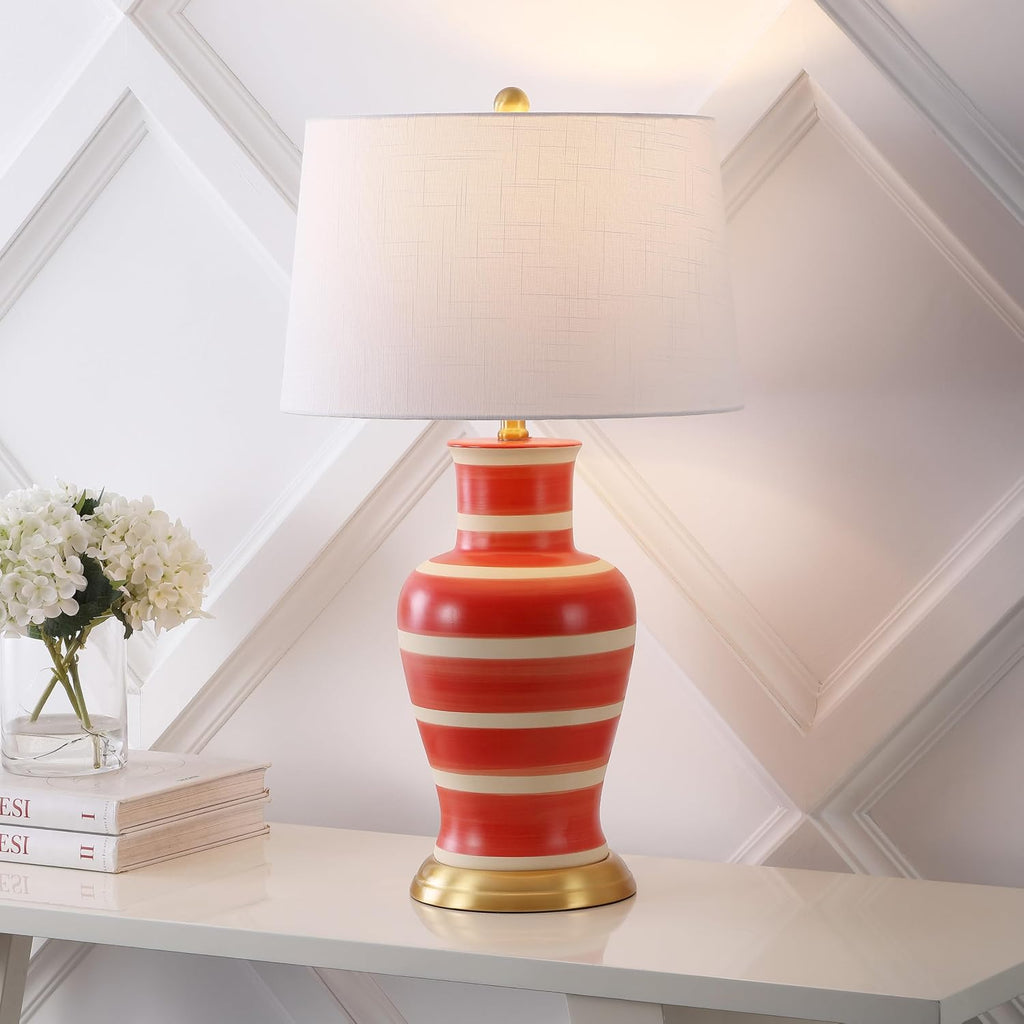 JONATHAN Y 29' Red/Beige Traditional Ceramic Urn LED Table Lamp for Bedroom Decor, White Linen Drum Shade, Classic Nightstand Lamp for Living Room, LED Bulb Included (JYL4026K)