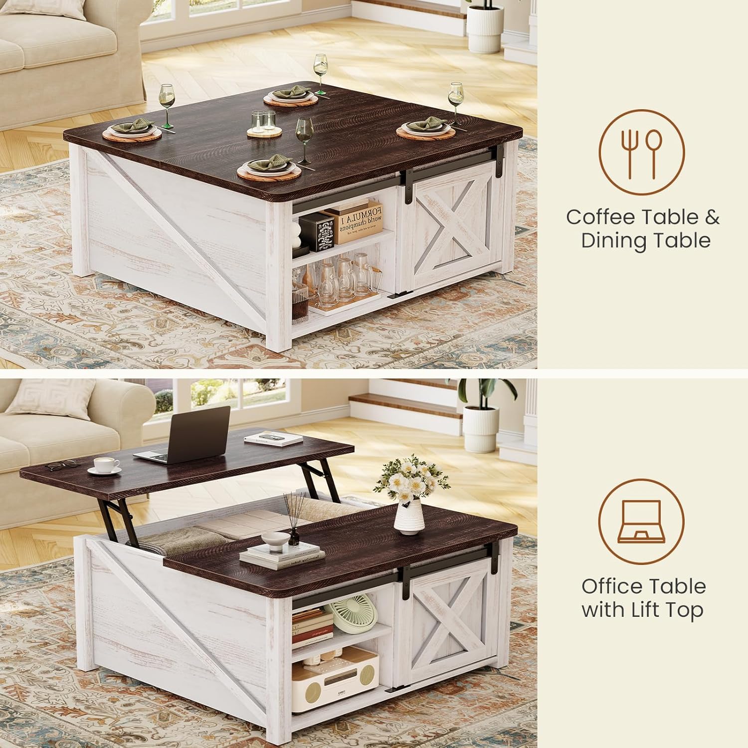 SEDETA 31.5' Lift Top Coffee Table with Storage, Square Coffee Tables for Living Room, Farmhouse Coffee Table with Large Hidden Storage Compartment and Adjustable Shelves, Vintage White