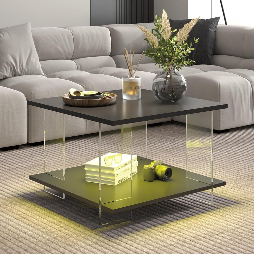 HedoAjim 24' Acrylic Coffee Table with Black Wood Tabletop, Minimalist Stylish Modern Square Center Table for Living Room,Led Living Room Table with Storage Shelf & Acrylic Frame for Small Space