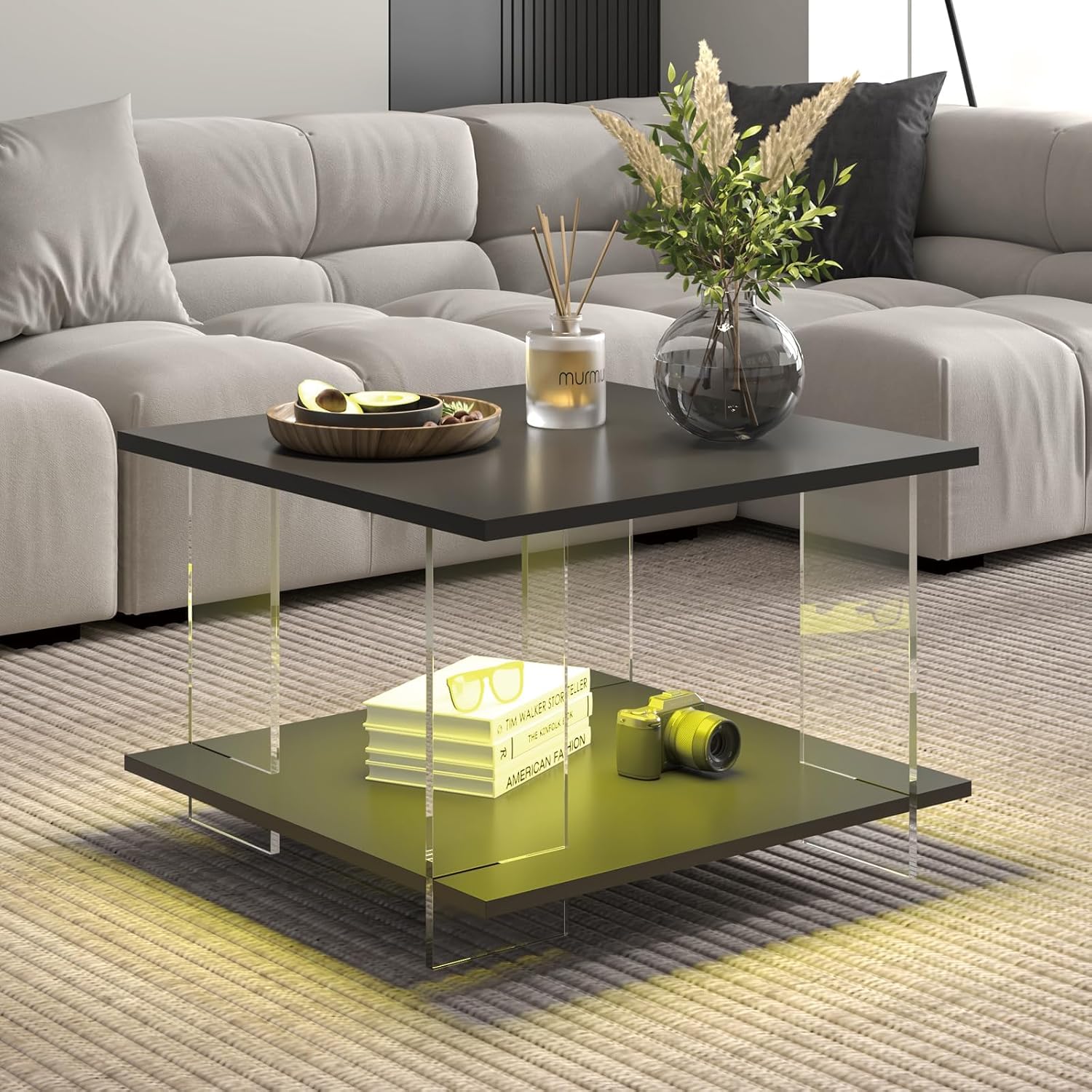 HedoAjim 24' Acrylic Coffee Table with Black Wood Tabletop, Minimalist Stylish Modern Square Center Table for Living Room,Led Living Room Table with Storage Shelf & Acrylic Frame for Small Space