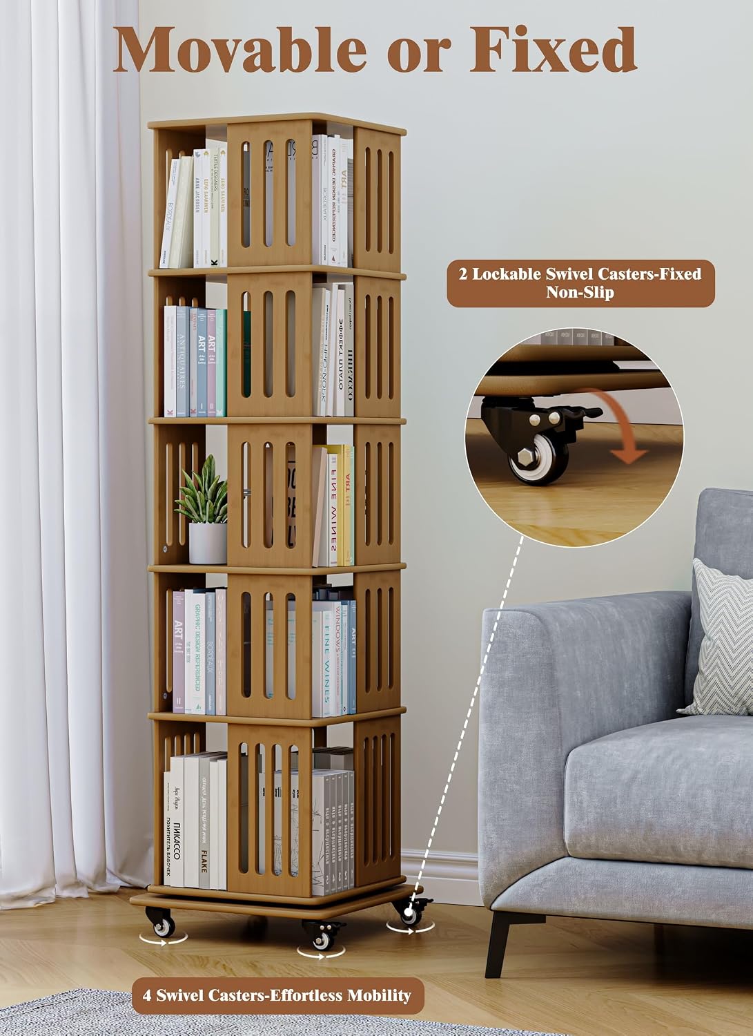 Baoz 60' Tall Rotating Bookshelf Tower, 5 Tier Walnut Spinning Bookcase | 360° Square Bamboo Revolving Book Shelf with 4 Wheels, Wood Narrow Book Case for Small Spaces, Floor Standing for Office