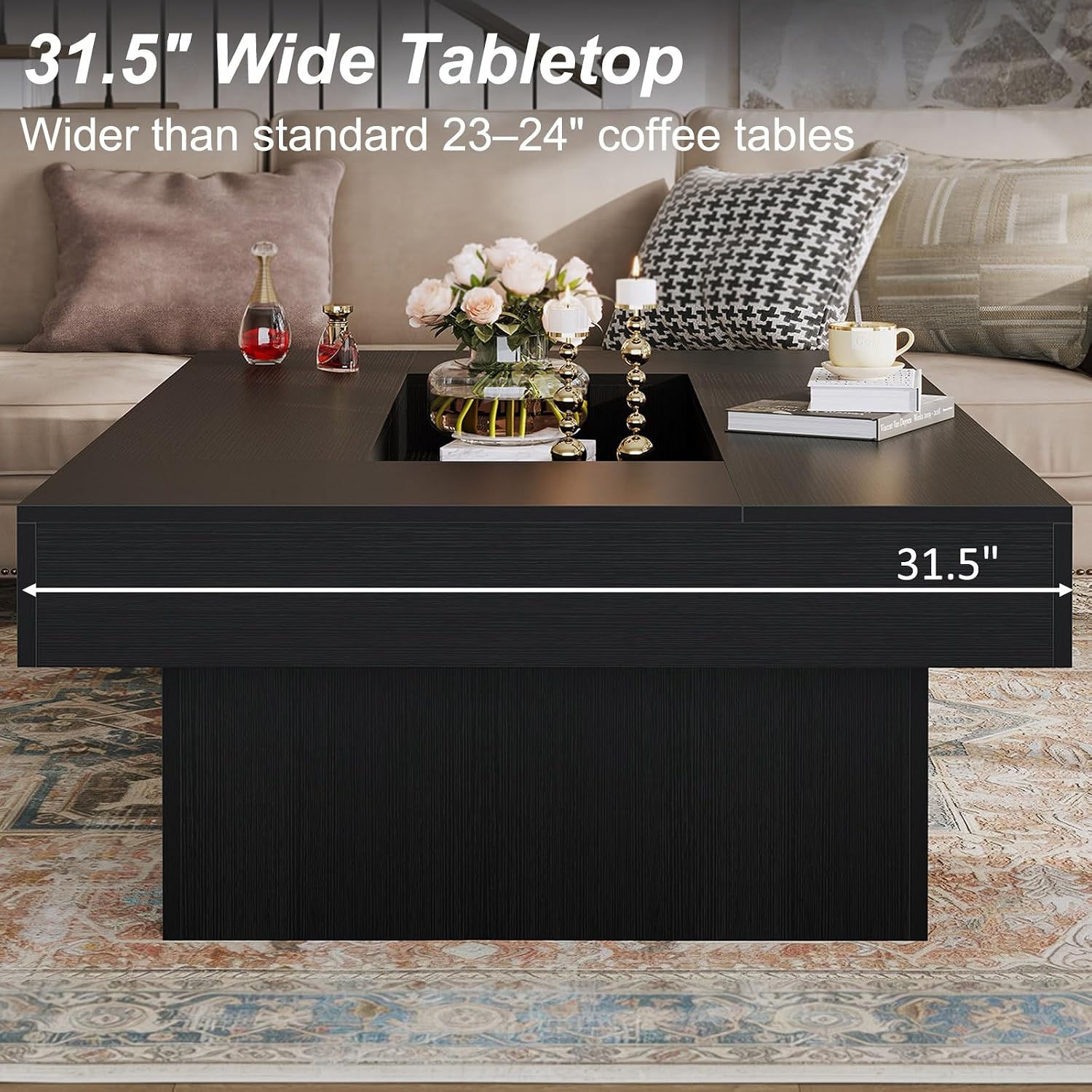 LVB Black Coffee Table, Modern Wood Led Living Room Table with Storage, Unique Large Wide Rectangle Center Table with LED Light, Contemporary low Tea Table for Bedroom Home Office, 47.24 In, Black Oak