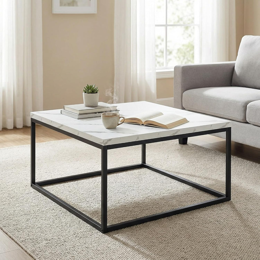 CENSI 30' Square Coffee Table, White Faux Marble Center Table for Living Room, Modern Minimalist Cocktail Table with Black Metal Frame, Extra Thick 1.2' Wood Top, Sturdy & Easy Assembly