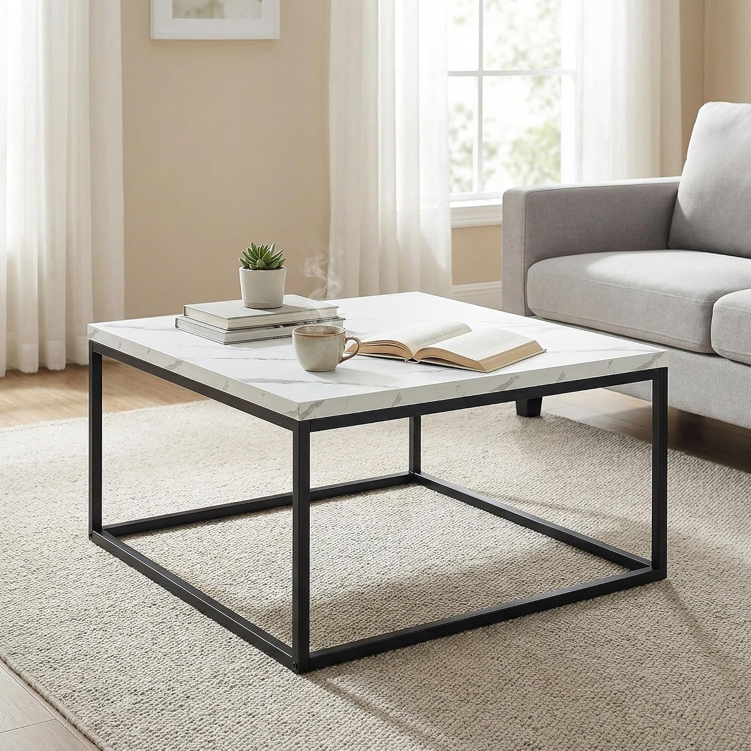 CENSI 30' Square Coffee Table, White Faux Marble Center Table for Living Room, Modern Minimalist Cocktail Table with Black Metal Frame, Extra Thick 1.2' Wood Top, Sturdy & Easy Assembly