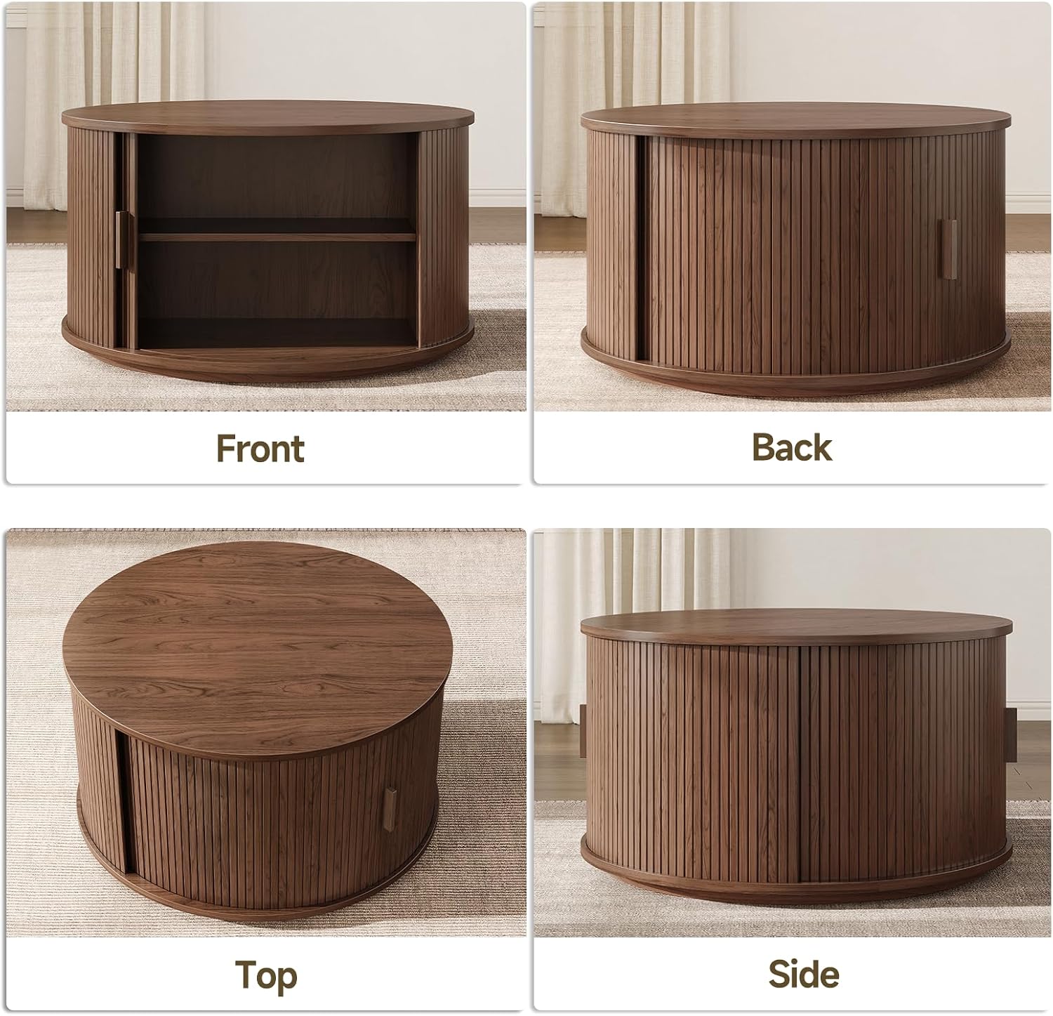 ONBRILL Round Coffee Table with Storage, 31.5' Mid Century Modern Center Table with Sliding Door & Dual Hidden Storage, Fluted Accent Coffee Table for Living Room, Small Space, Walnut
