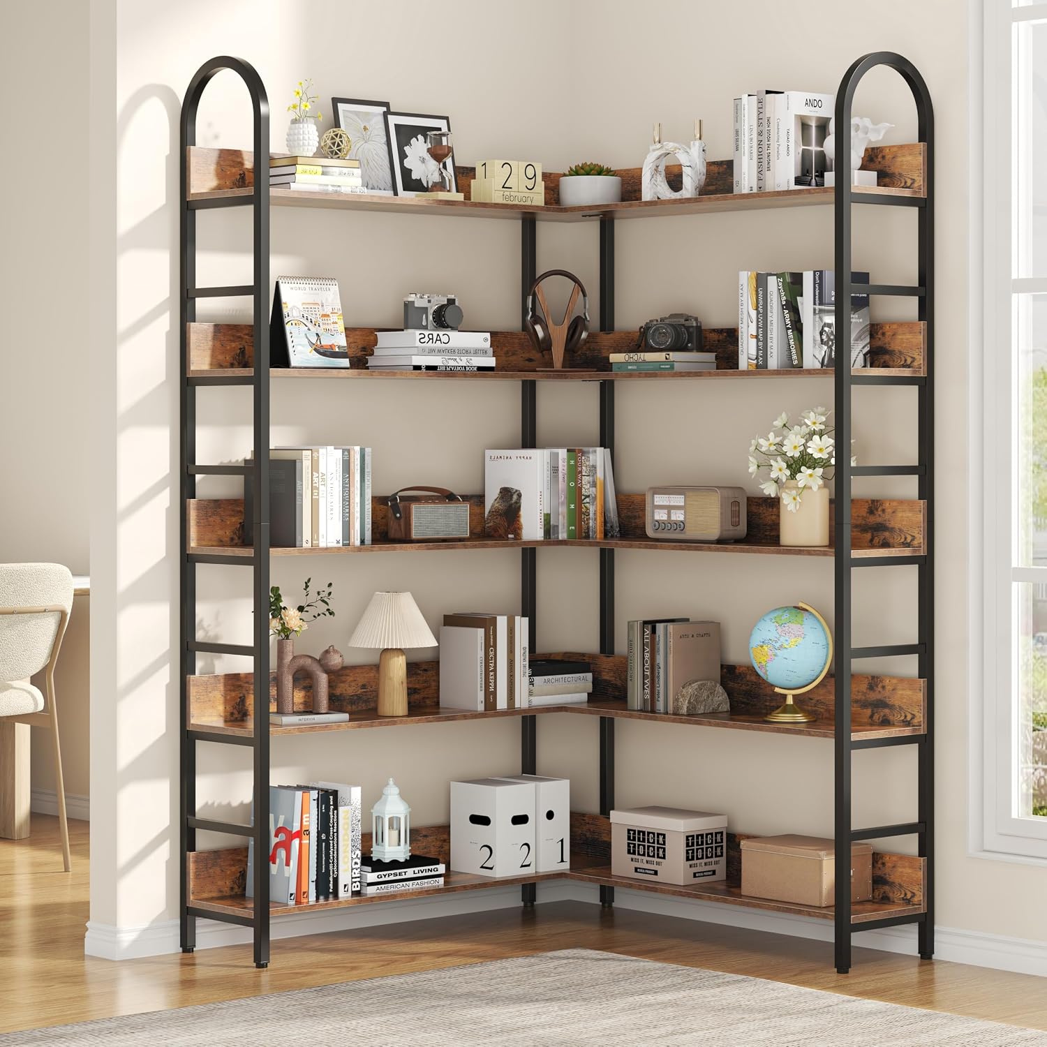 5 Tiers Tall Corner Bookshelf, Large Heavy Duty Industrial Corner Bookcase with Metal Frame, L Shaped Bookshelves and Bookcases Etagere Bookcase Display Storage Shelves for Living Room, Brown